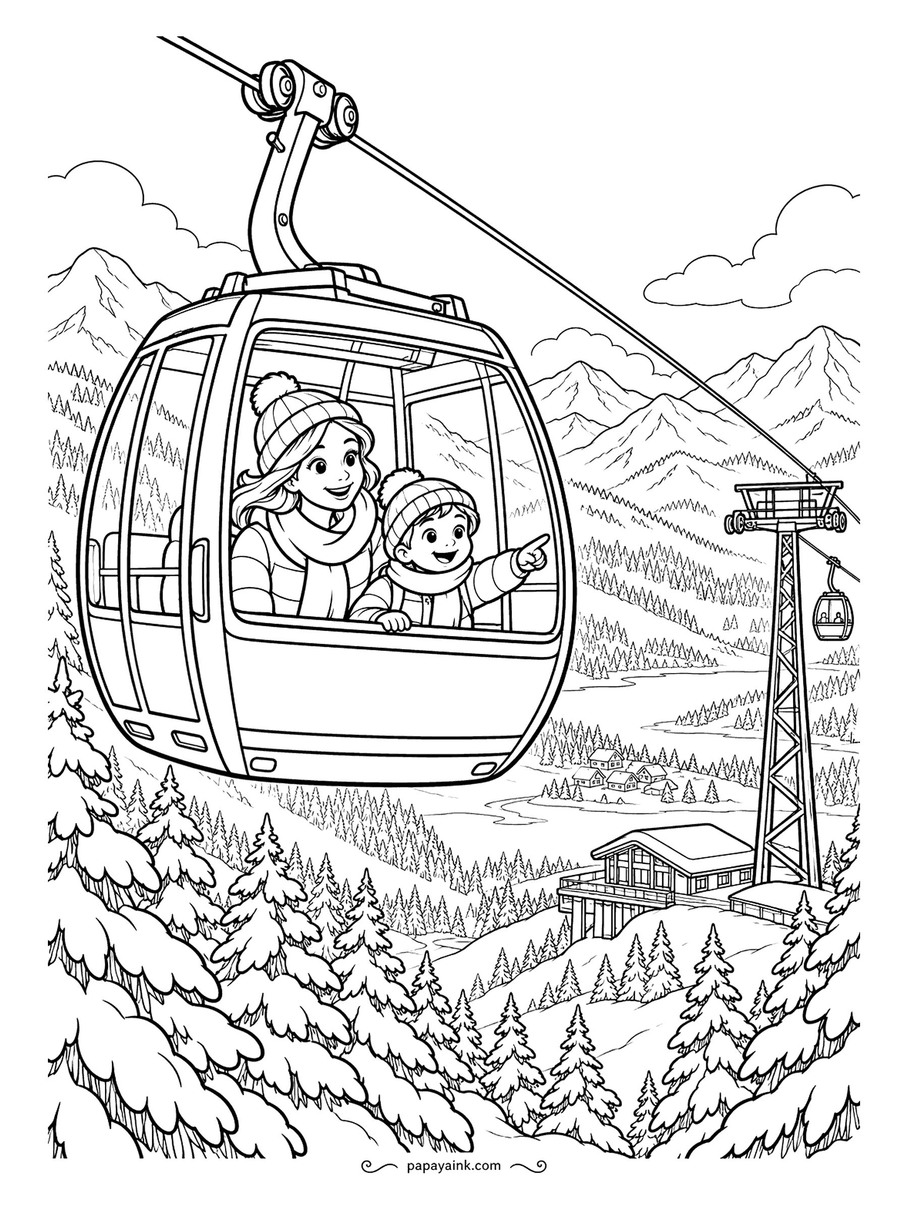 Free Printable Winter Coloring Pages - Mother and son in a gondola cabin, the boy pointing out something far below, with the cable running off to a pylon and the lodge at the base. Forest, valley and peaks fill the rest. A busy sheet; the cabin is the easy part. Detailed.