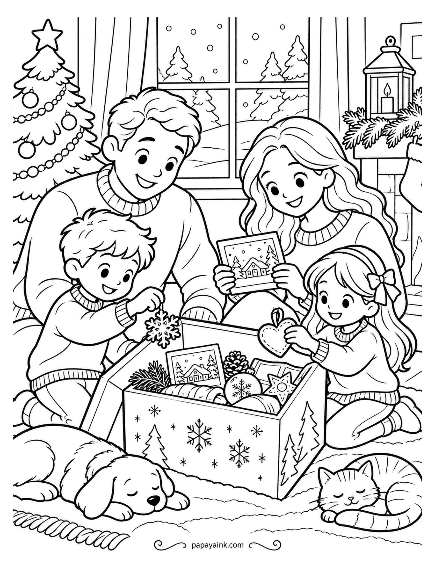 December Coloring Pages - The keepsake box comes out at the end of the year. Drawings, a pine cone, a paper snowflake and a heart ornament each get explained before they go in. Dog and cat have opted out. Snowflakes and trees on the box take two tones.