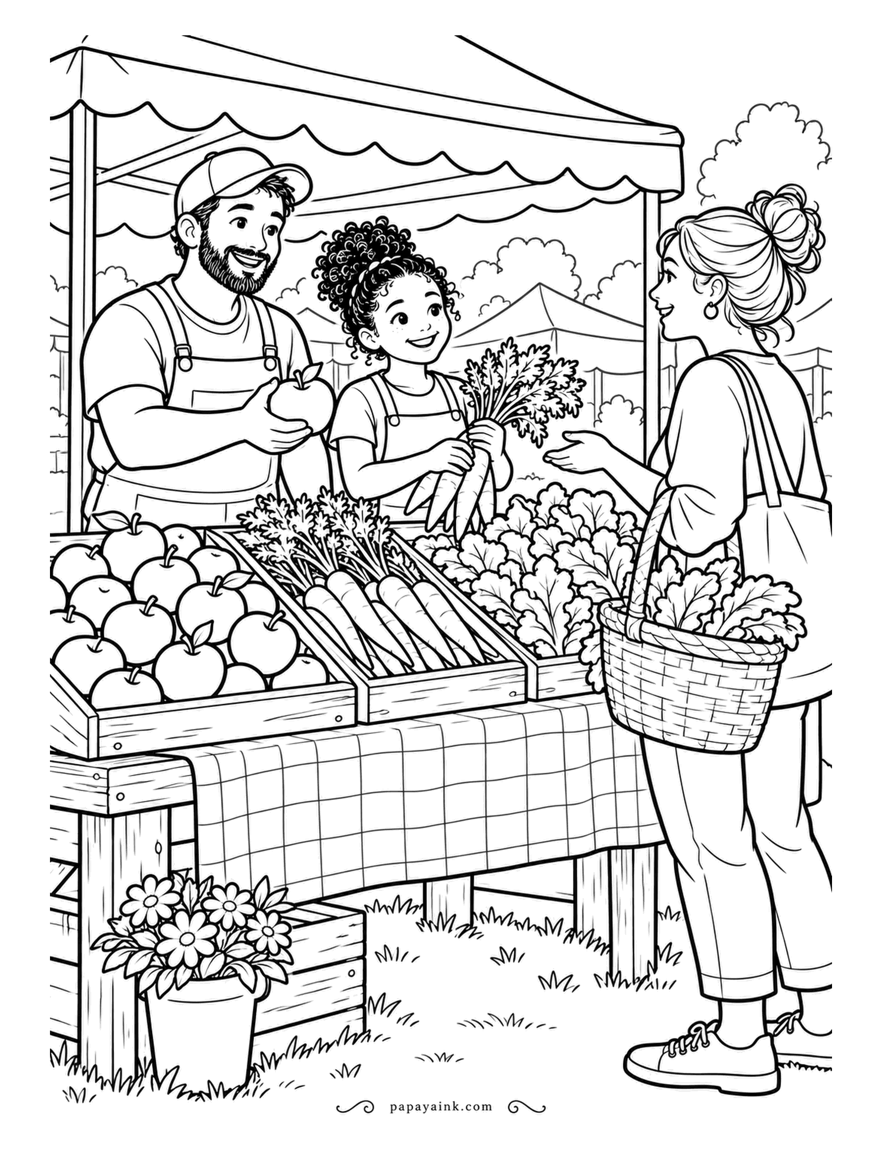 Farm Coloring Pages - Market stall under a scalloped awning, apples, carrots and greens laid out on a checked cloth, a customer with a basket reaching for more. Everyone is in the middle of a sentence. Fruit and vegetables in full color, the cloth in two tones.