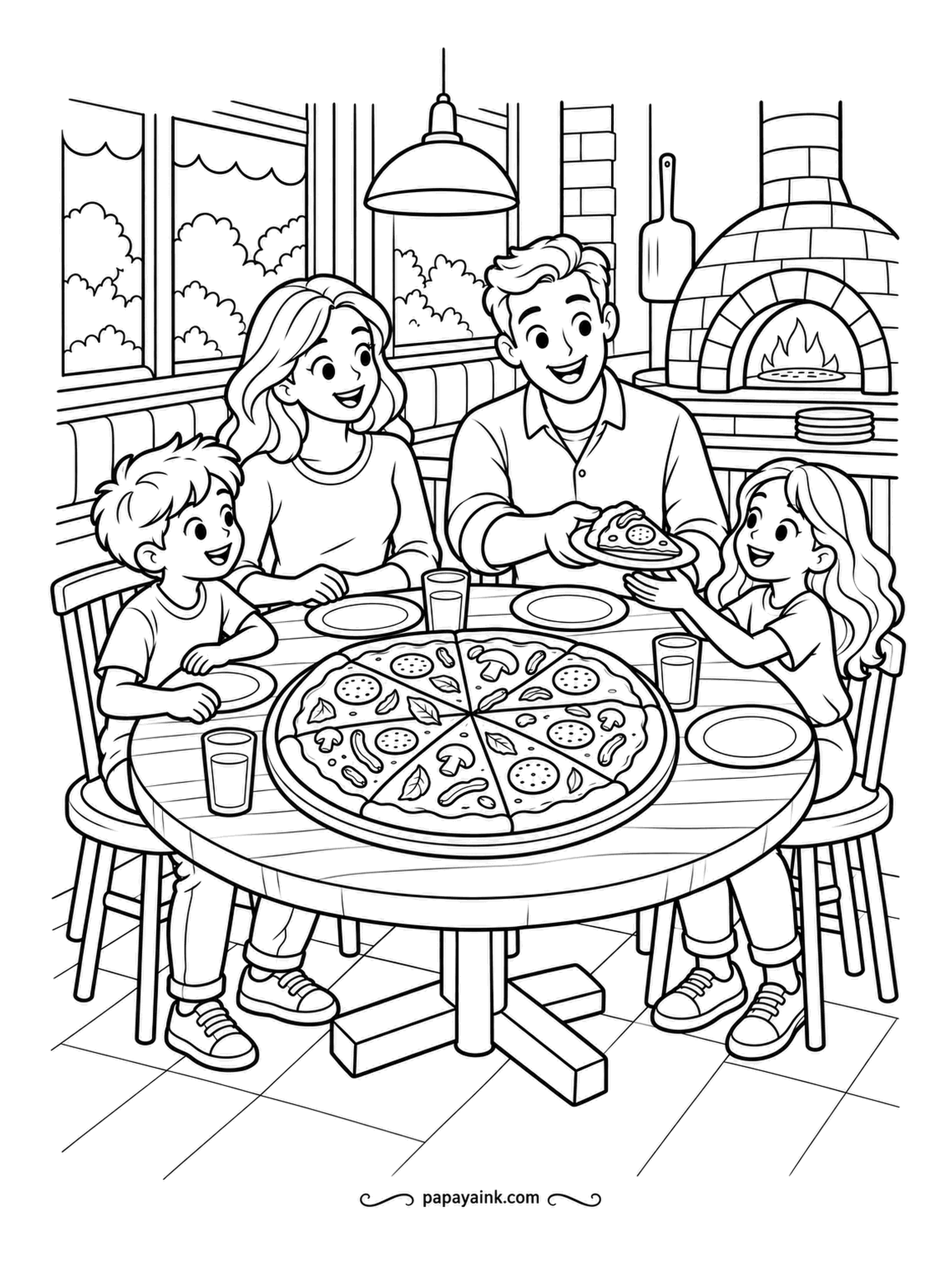 Pizza Coloring Pages - Dad is sliding the first slice onto a plate for his daughter while her brother waits his turn opposite. Brick oven, dangling lamp and a window in the background. Detailed.