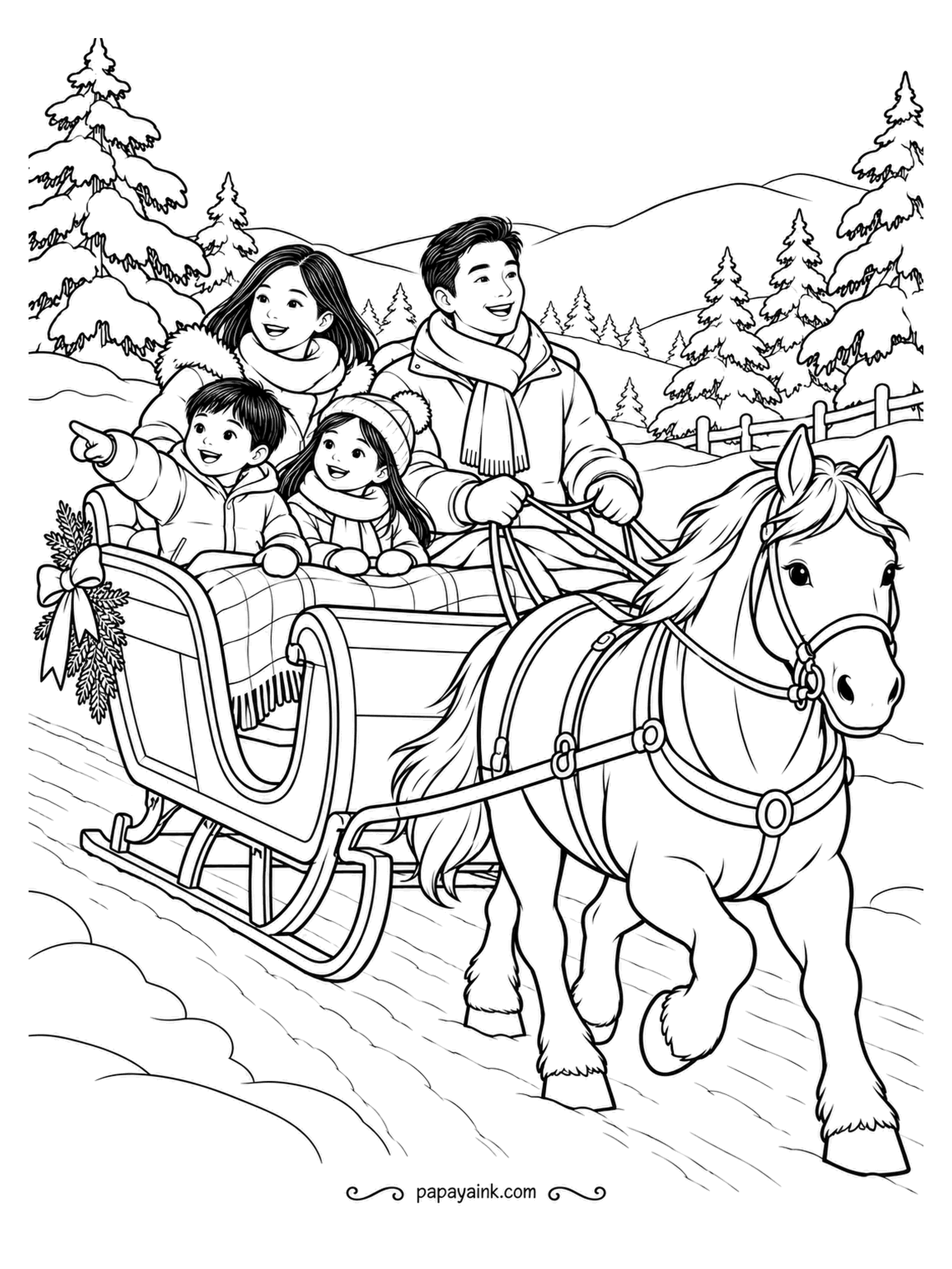 December Coloring Pages - A horse-drawn sleigh on a snowy road, the whole family bundled in under one plaid blanket and a sprig of greenery tied to the back. The horse is a heavy draft type with feathered feet. Detailed - harness, tack and runners to work through.