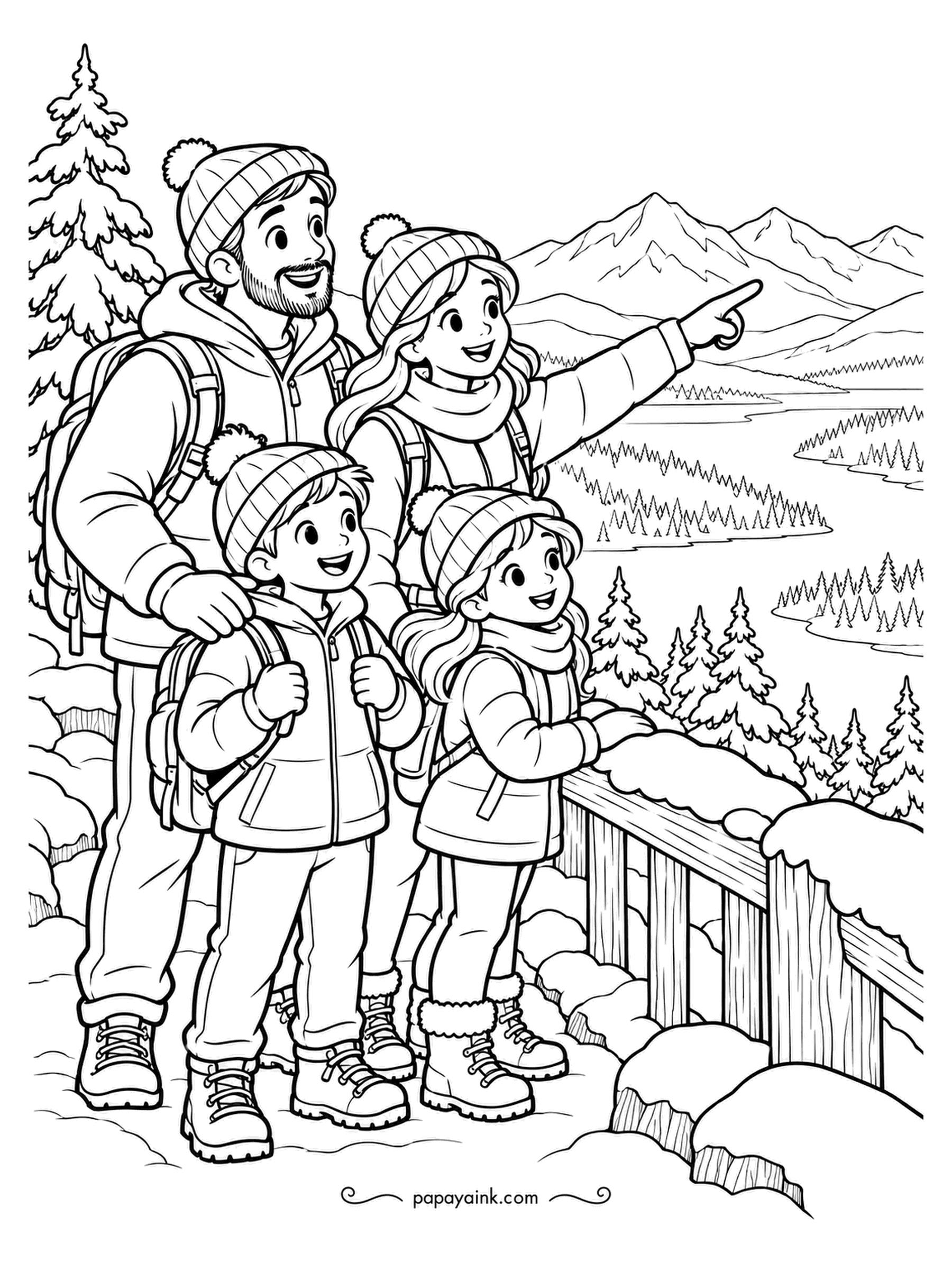 December Coloring Pages - At the overlook on a winter trail, with mountains and a frozen lake laid out below. One parent points, the other keeps a hand on each child, and all four wear backpacks. Keep the distance pale and cold; the colors belong on the hikers.