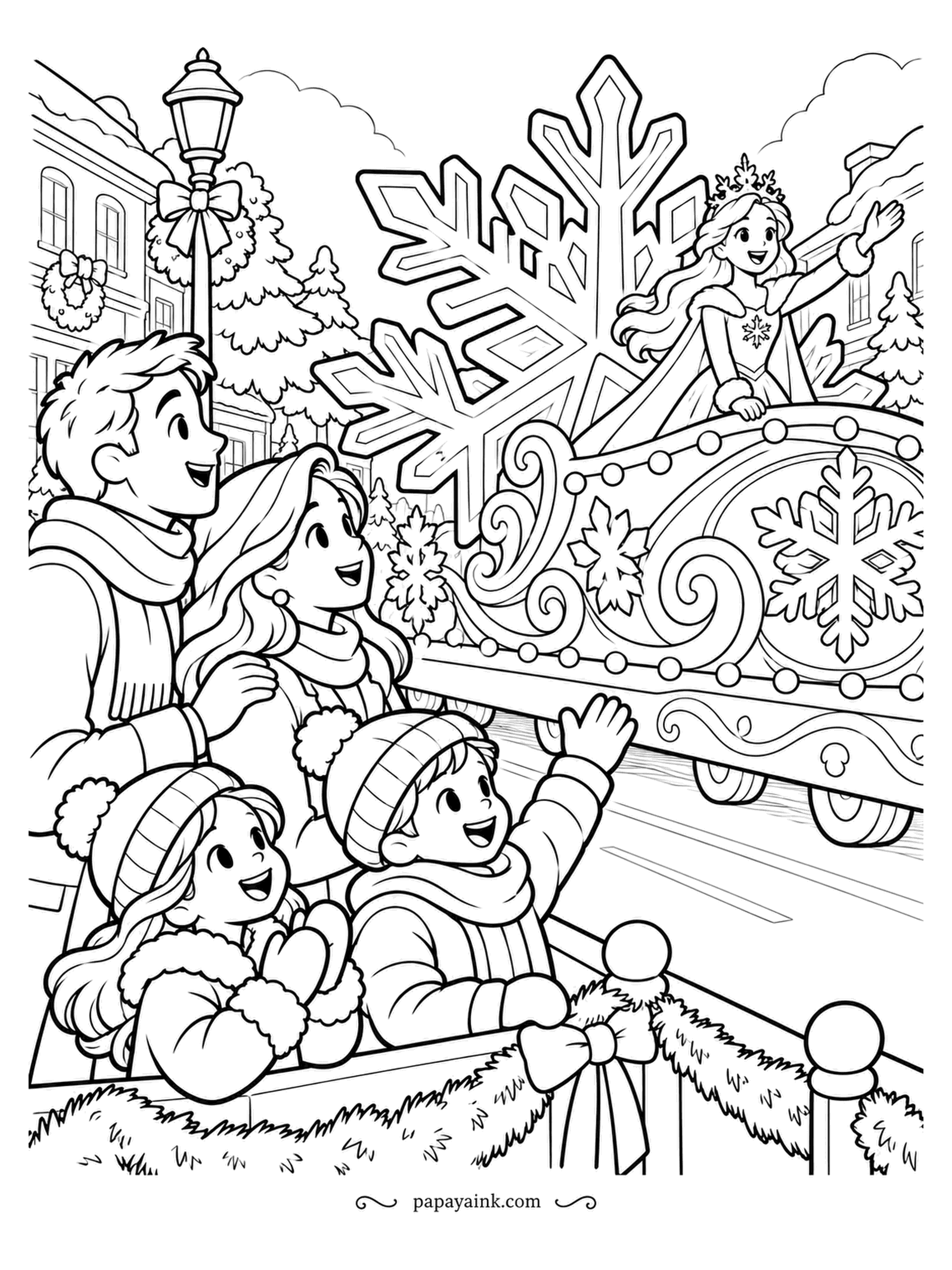 December Coloring Pages - Parade day, and the snowflake float is passing with a winter queen waving from the top. The children have the best spot at the barrier, the parents the second best. Lights along the float edge can be every hue at once.