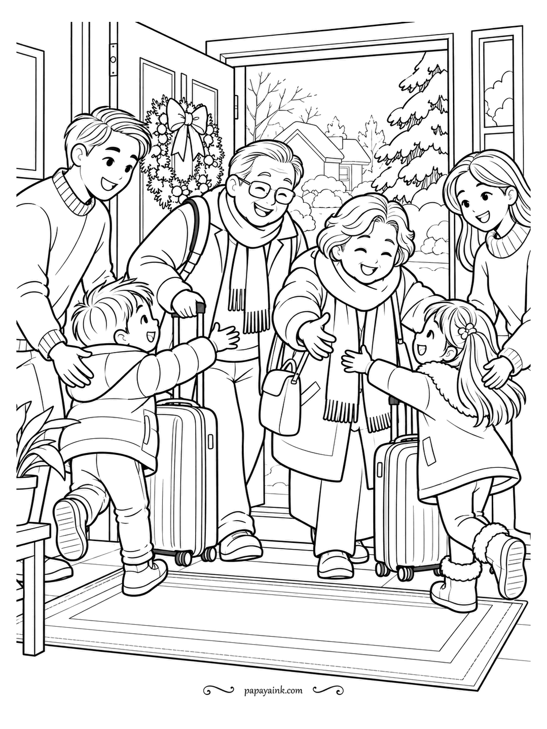 December Coloring Pages - Grandparents at the door with their suitcases, arms already open, and two grandchildren moving at full speed to meet them. Luggage will wait. Soft neutrals on the coats so the faces stand out, and a warm red for the wreath bow.