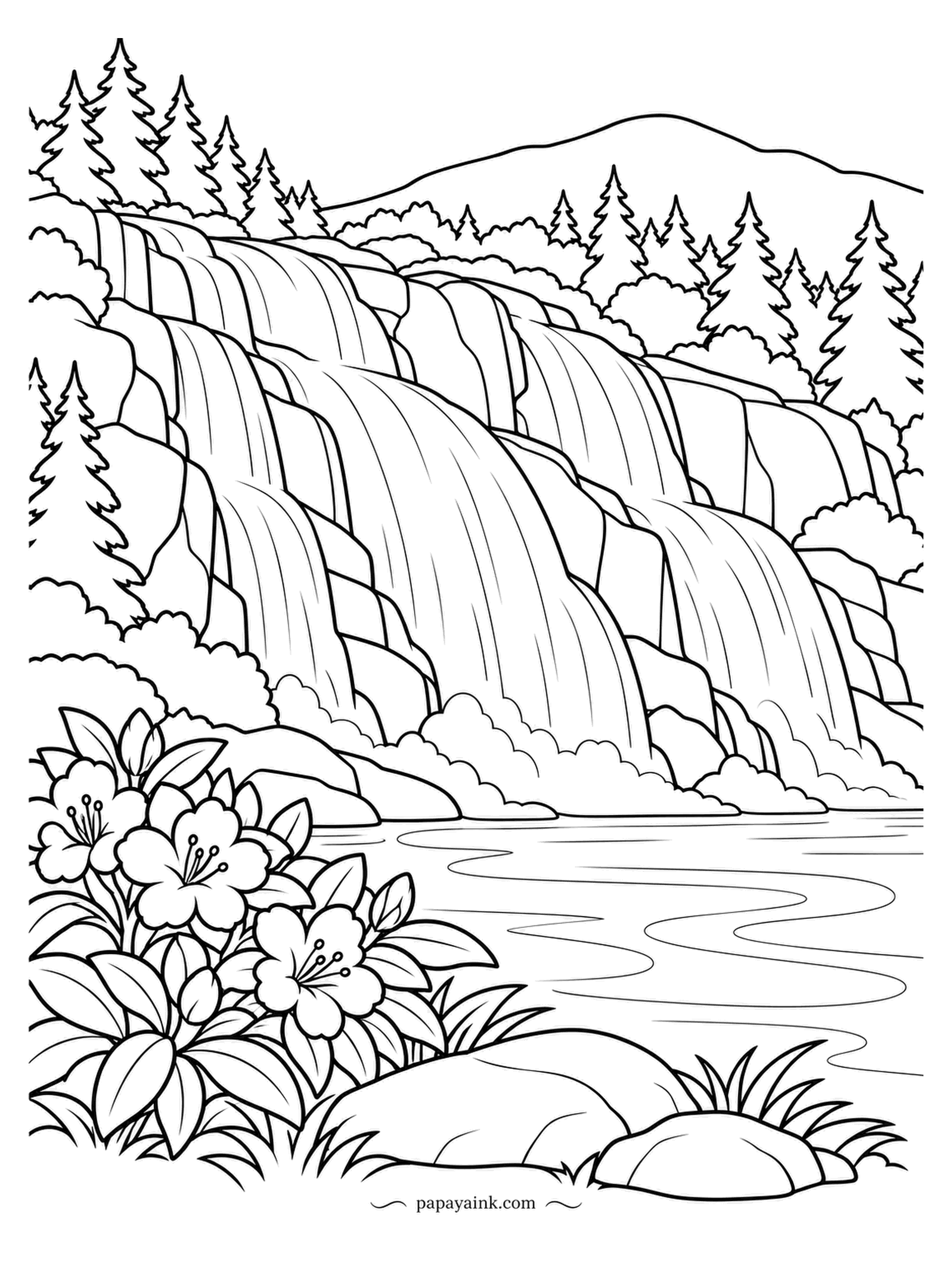 Nature Coloring Pages - The water spreads into a fan as it slides down a stepped rock face, with spruce above and rhododendrons blooming at the pool. Detailed in the falls, open everywhere else. Soft pinks for the flowers, blue-grey where the water lies in shadow.