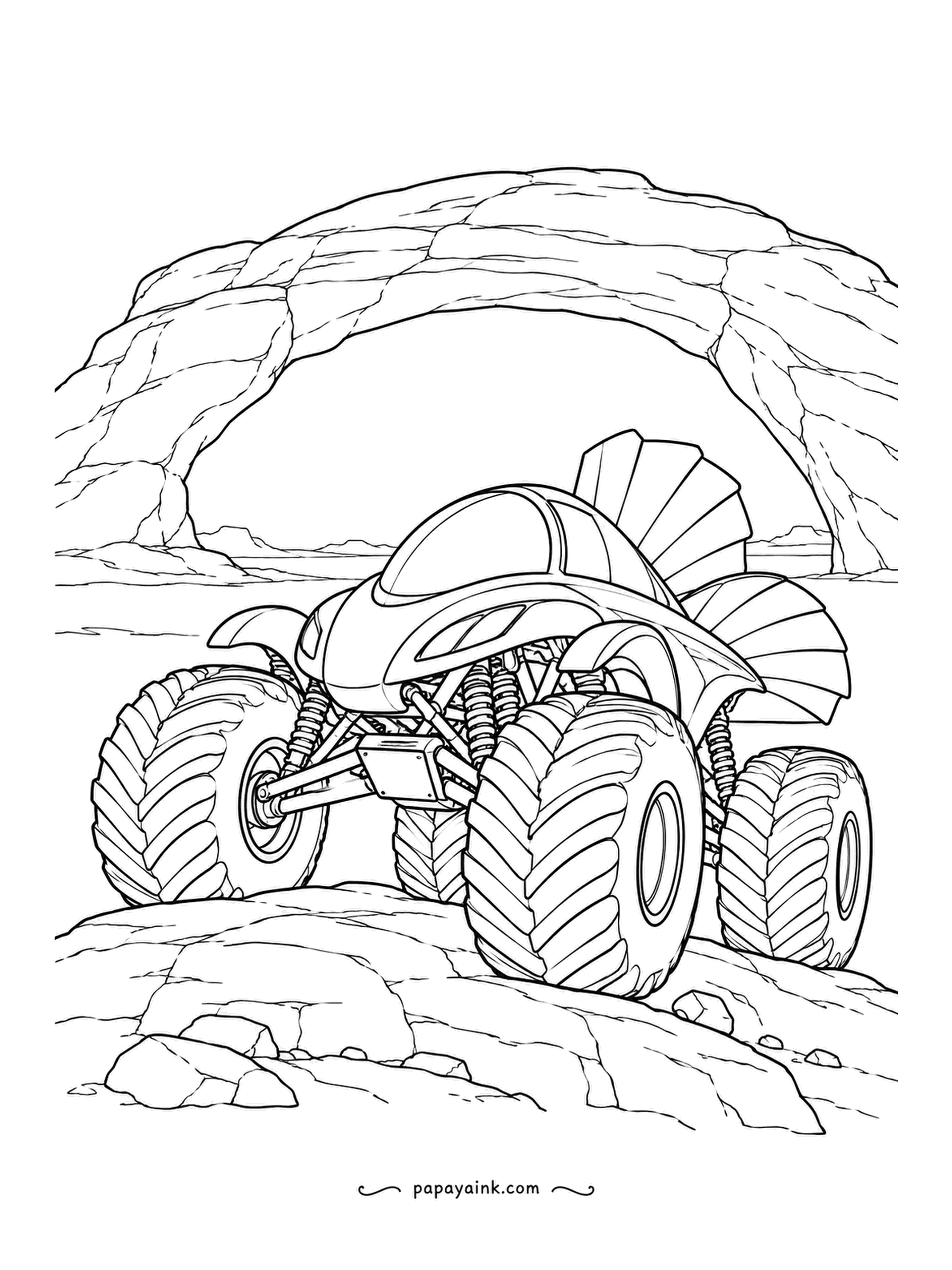 Monster Truck Coloring Pages - Crawling under a natural rock arch, a deco-styled body with a fan-shaped tail like a folded shell. Boulders and a flat horizon beyond. Sandstone tones, then something glossy on the truck to contrast.