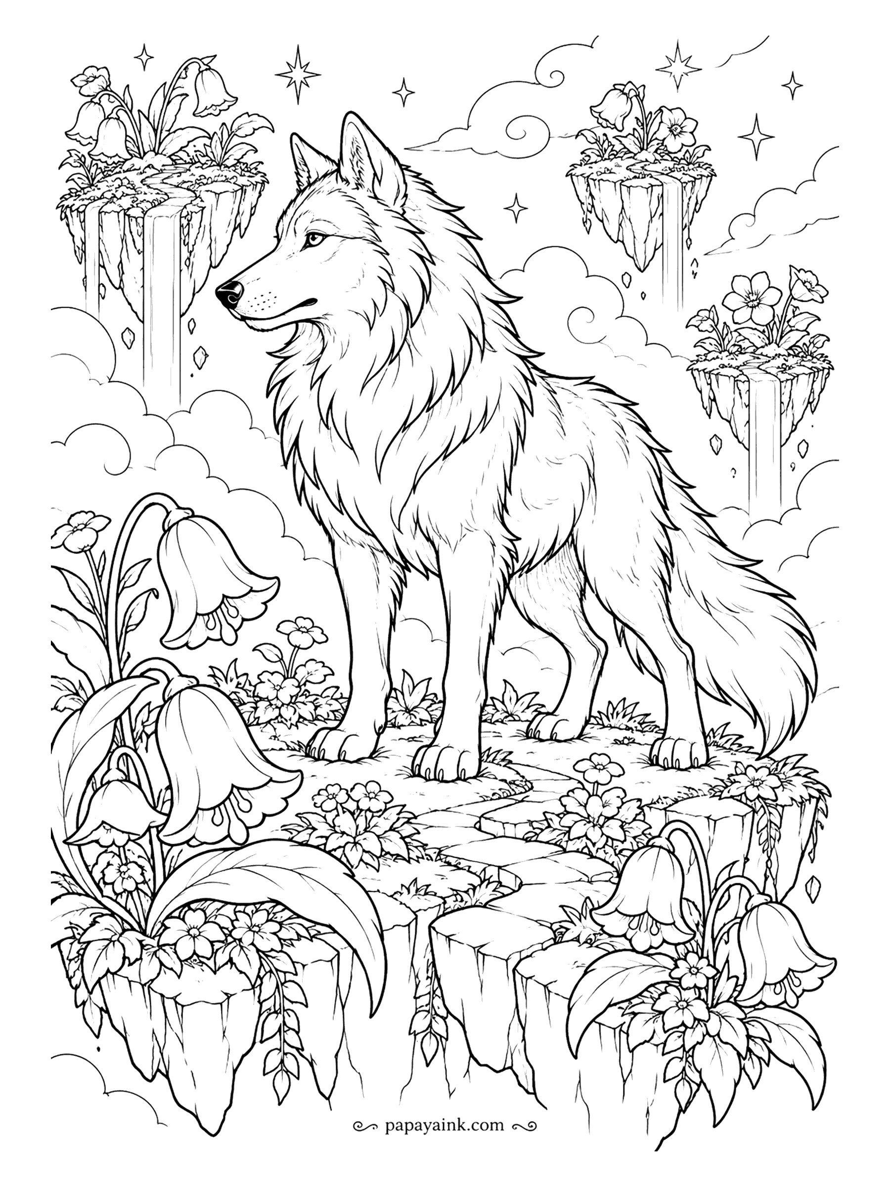 Wolf Coloring Pages - A wolf stands on a floating island of bluebells while smaller islands drift through the clouds, each trailing its own waterfall. Fantasy sky, so try lavender and teal instead of plain blue. Detailed.