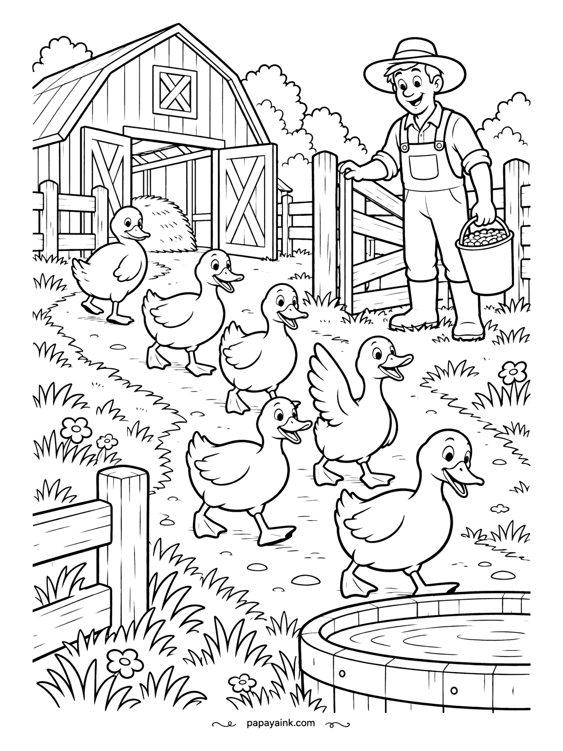 Duck Coloring Pages - Breakfast is coming, and the whole flock knows it. White farm ducks march toward the farmer and his bucket, one flapping as if that might speed things up. Barn boards and fence rails make easy straight lines.