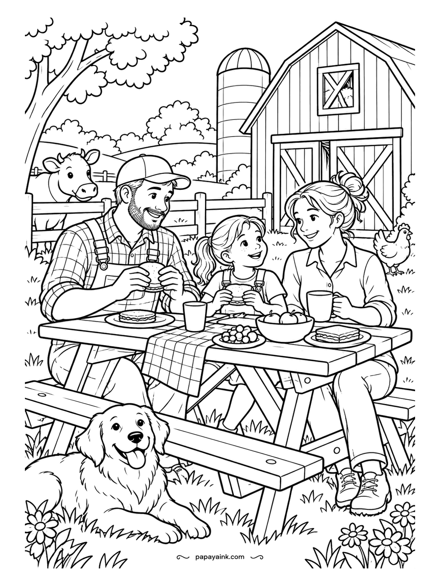 Farm Coloring Pages - Lunch at a picnic table beside the barn, sandwiches and a bowl of grapes between three people, the dog underneath pretending not to beg. A cow and a hen look on from the fence. Checked cloth, red barn, a golden dog.