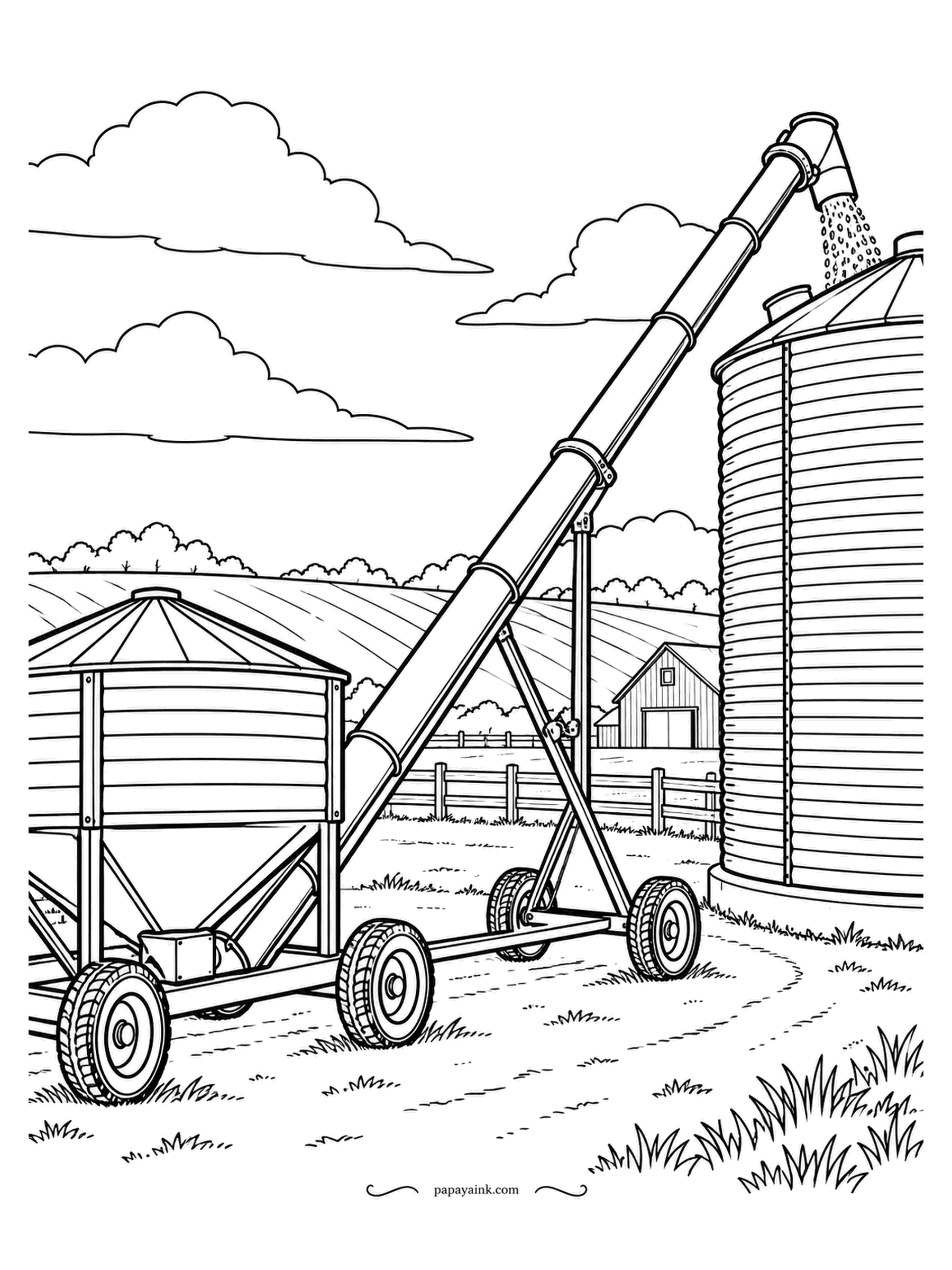 Farm Coloring Pages - Grain auger angled up from a hopper wagon into the top of a steel bin, kernels pouring from the spout. A machine most people have never had to color. Silver-gray for the bin and auger, with gold for the stream of grain.