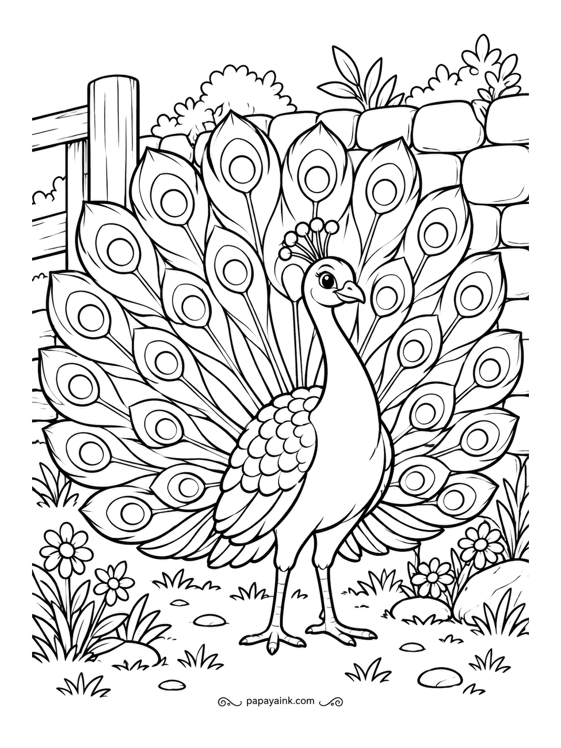 Farm Coloring Pages - Peacock with its tail fully fanned against a stone wall, every eyespot drawn in rings. Not every farm keeps one, but the ones that do never stop talking about it. Detailed - teal, deep blue and a touch of gold on each eye.