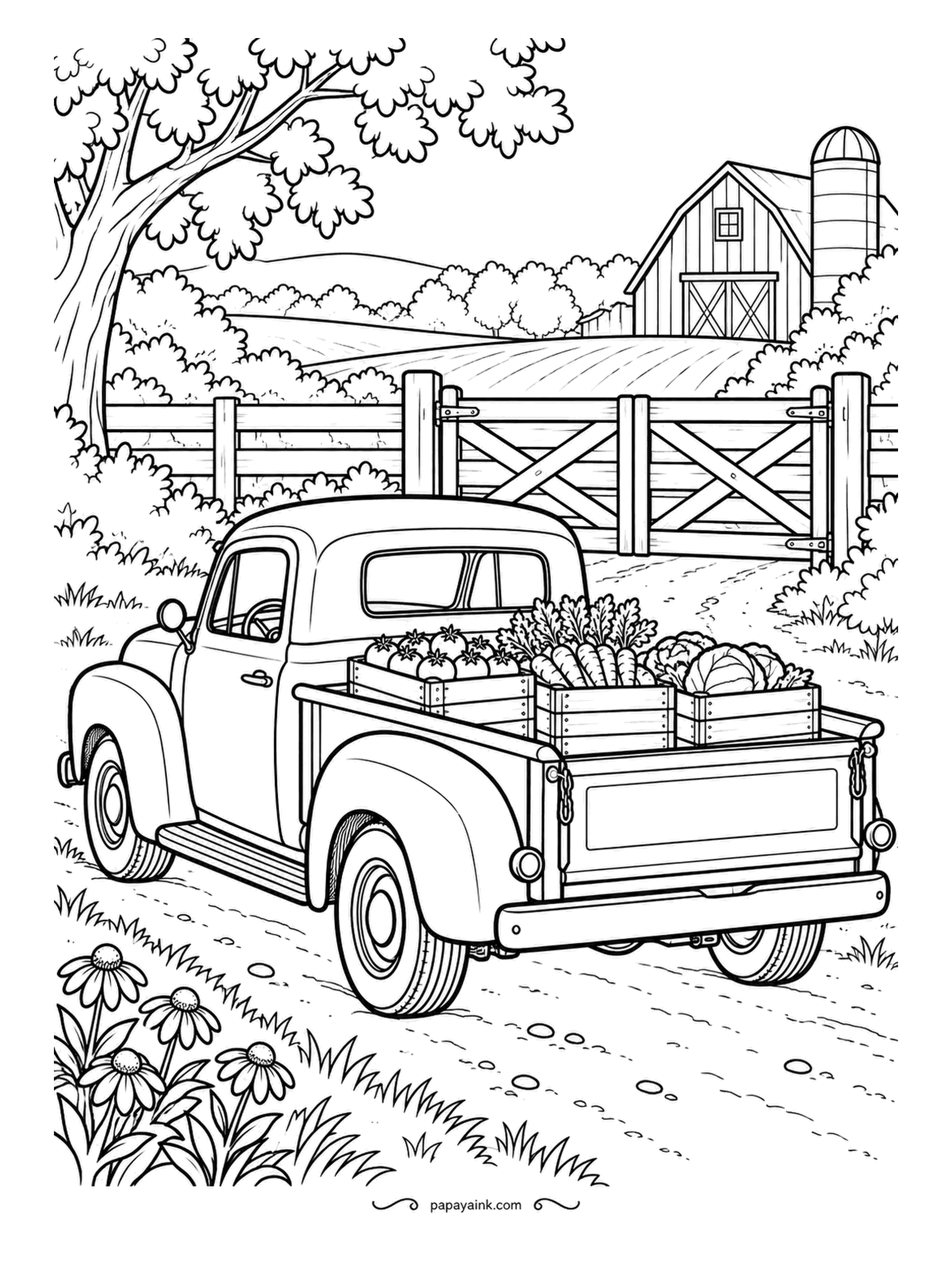 Farm Coloring Pages - Old pickup truck parked at a closed gate, three crates of tomatoes, carrots and lettuce in the bed. Rounded fenders and a split windshield put it a few decades back. Faded red or turquoise with a cream roof suits a truck like this.