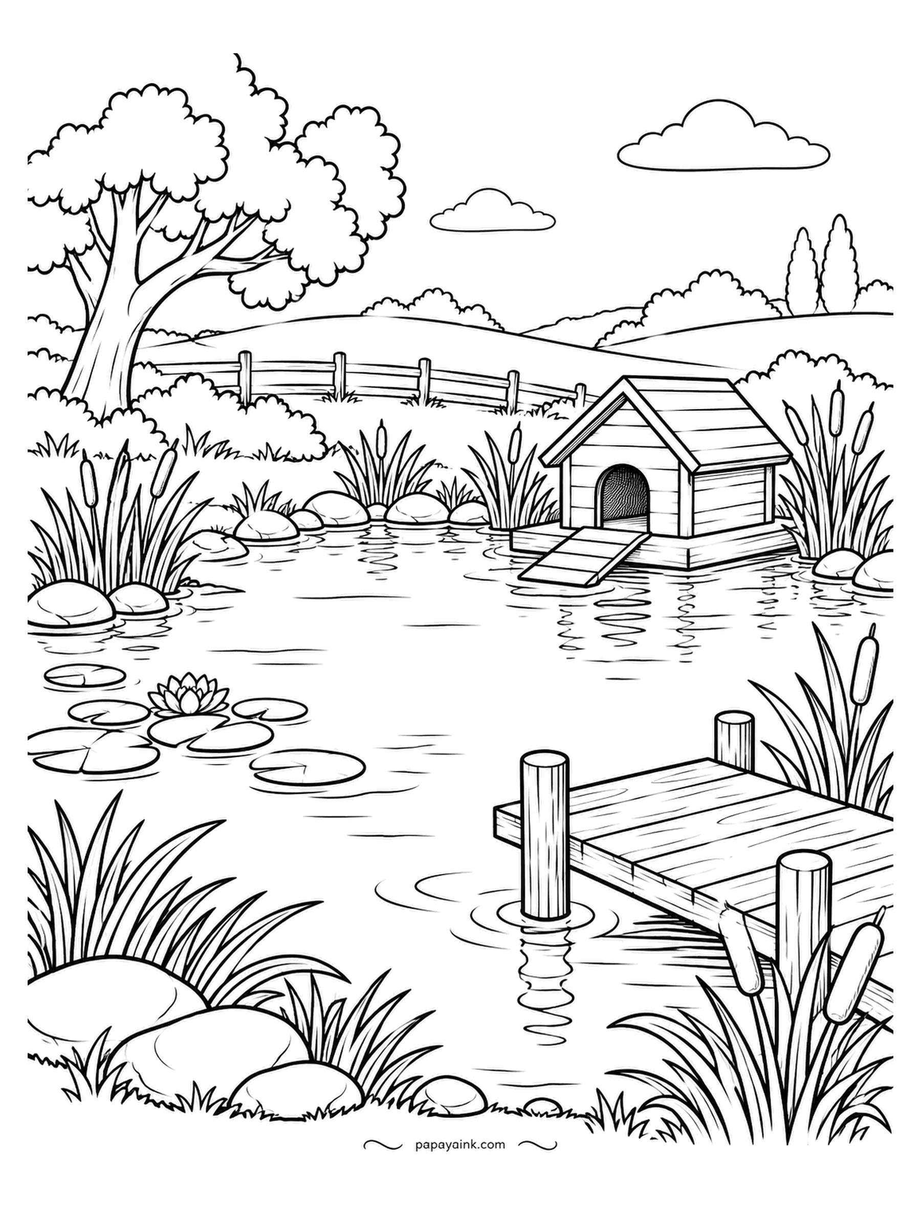 Farm Coloring Pages - Farm pond ringed with cattails, a duck house on its own little island and a two-plank dock pushed out from the shore. Lily pads float on the left, a stone sits at every edge. Ripples take a pale blue pencil better than a marker.