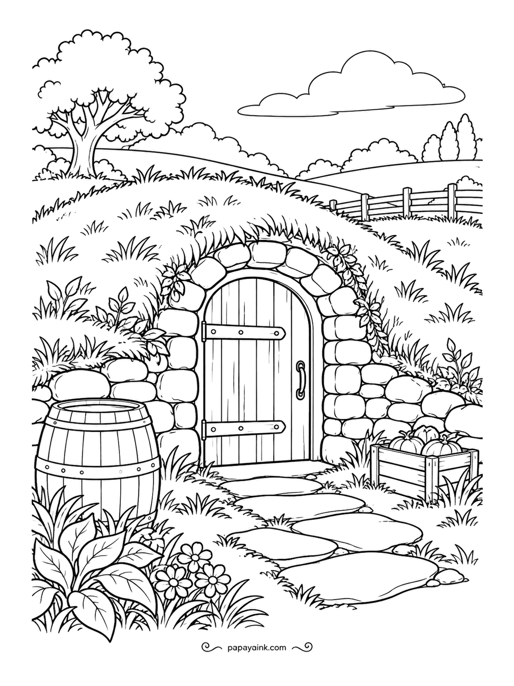 Farm Coloring Pages - Root cellar dug into a grassy hill, its arched stone doorway framed by vines, a wooden barrel on one side and a crate of pumpkins on the other. Stepping stones lead to the door. Cold and dark inside, so color the hill bright for contrast.