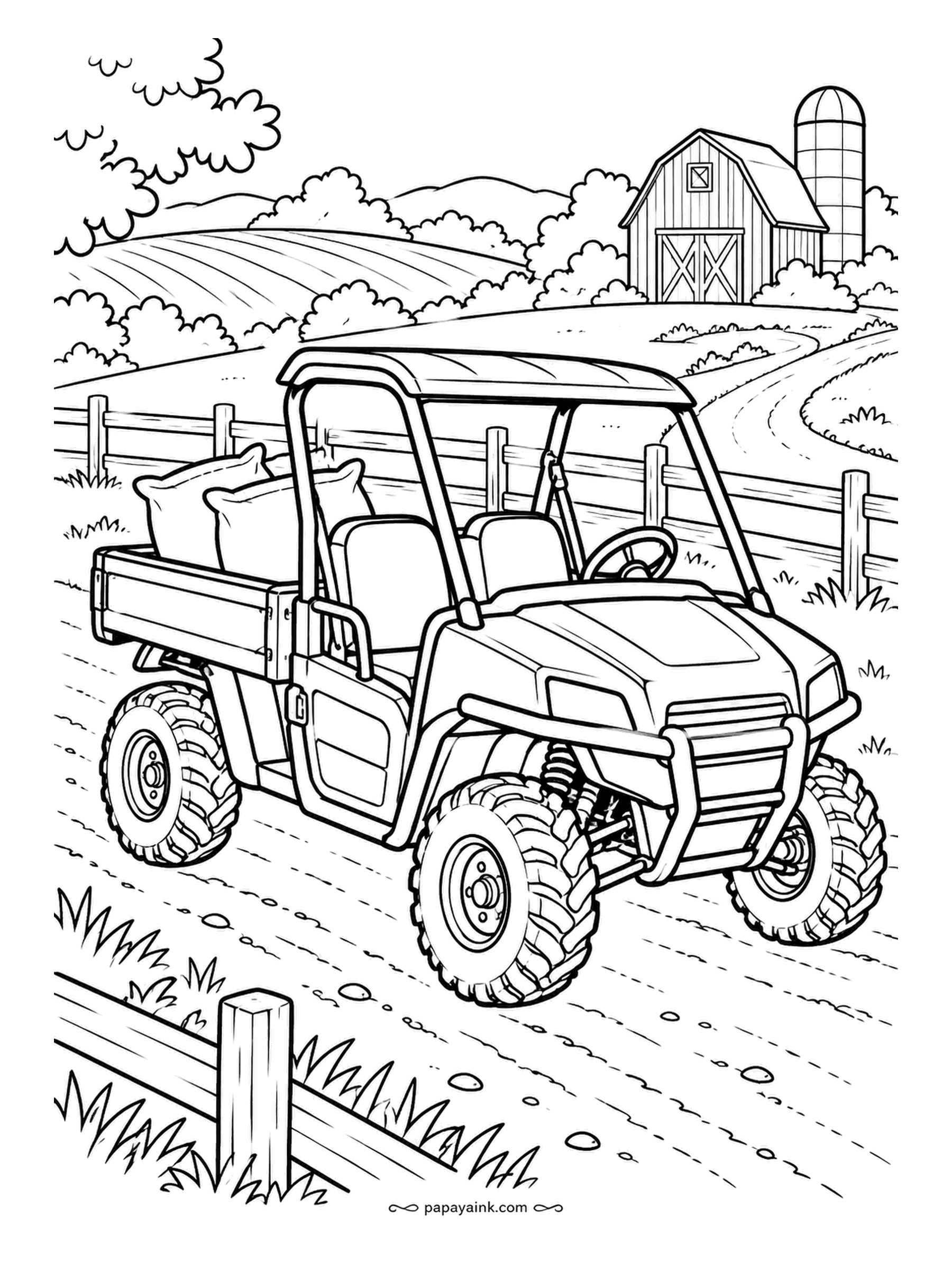 Farm Coloring Pages - Side-by-side utility vehicle rolling down a dirt lane with seed sacks in the cargo bed, the silo far across the fields. Knobby tires, a roll cage, no doors. Olive green or bright orange, and mud on everything below the axle.