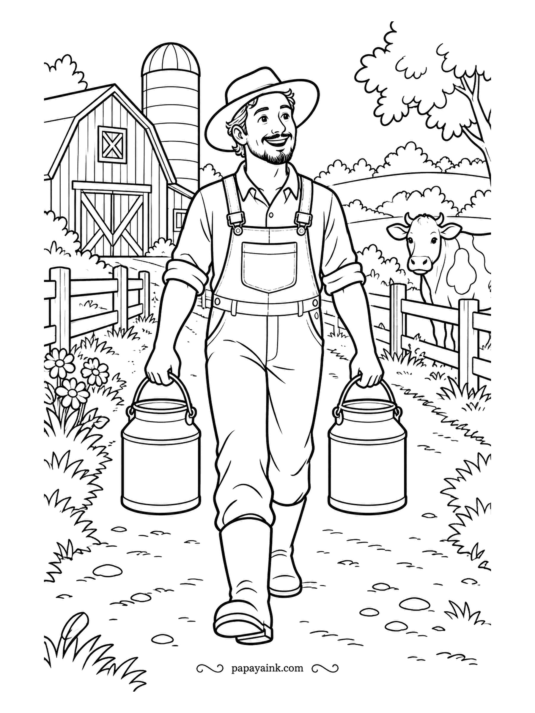 Farm Coloring Pages - Farmer in a wide hat walking the path with a full milk pail in each hand, the barn behind and a cow watching over the fence to see where it is going. Steel gray for the pails, straw yellow for the hat.