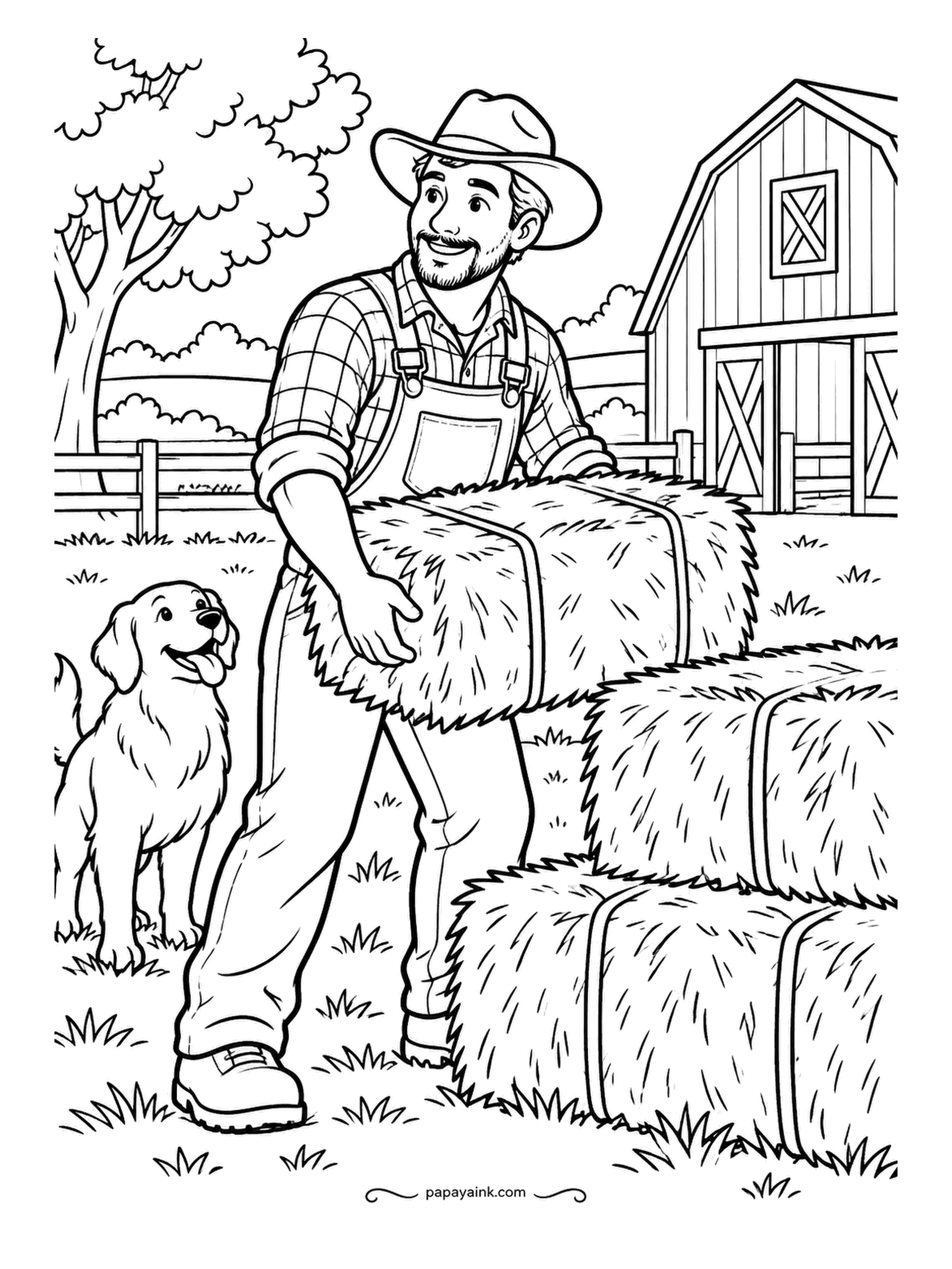 Farm Coloring Pages - Farmer hoisting a square bale onto a stack of three, the dog waiting for a string to snap. Every bale shows its twine and its stubble. Straw gold throughout, with the plaid shirt as the one spot of pattern.