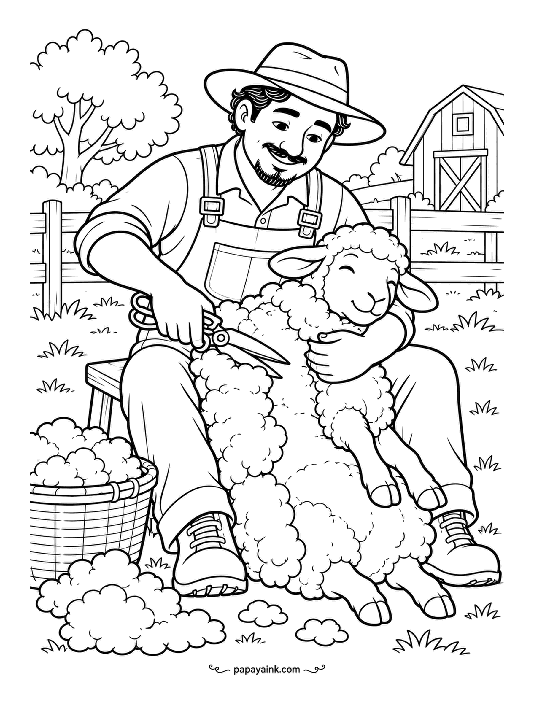 Farm Coloring Pages - Farmer shearing a sheep with hand shears, the animal cradled across his lap and the fleece coming off in one soft piece, a basket filling beside him. The sheep looks relieved. Cream for the fleece, pink for the shorn skin beneath.