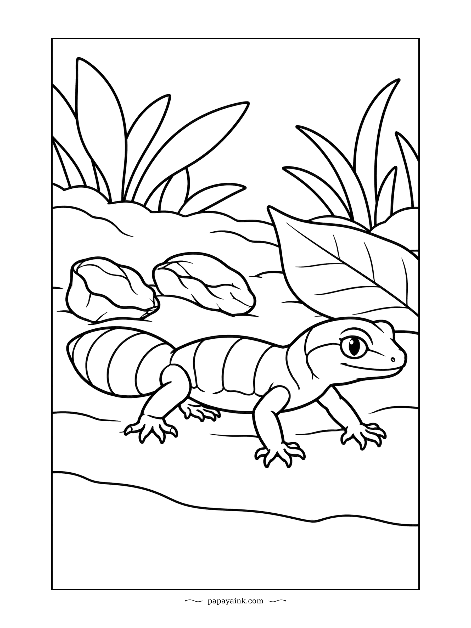 Lizard Coloring Pages - The fat-tailed gecko stores food reserves in that plump striped tail. This youngster takes a slow walk past two pebbles, framed like a picture. Thick lines and almost nothing else - perfect for small hands.