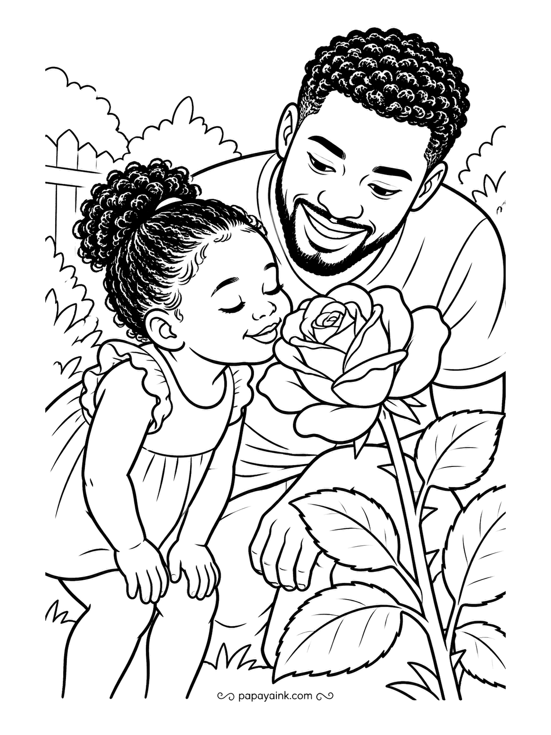 Garden Coloring Pages - Eyes closed, a little girl leans into a rose as big as her face while her father bends down beside her, smiling. The rose is the center of the drawing: build it petal by petal in one color, lighter at the edges, darker inside.