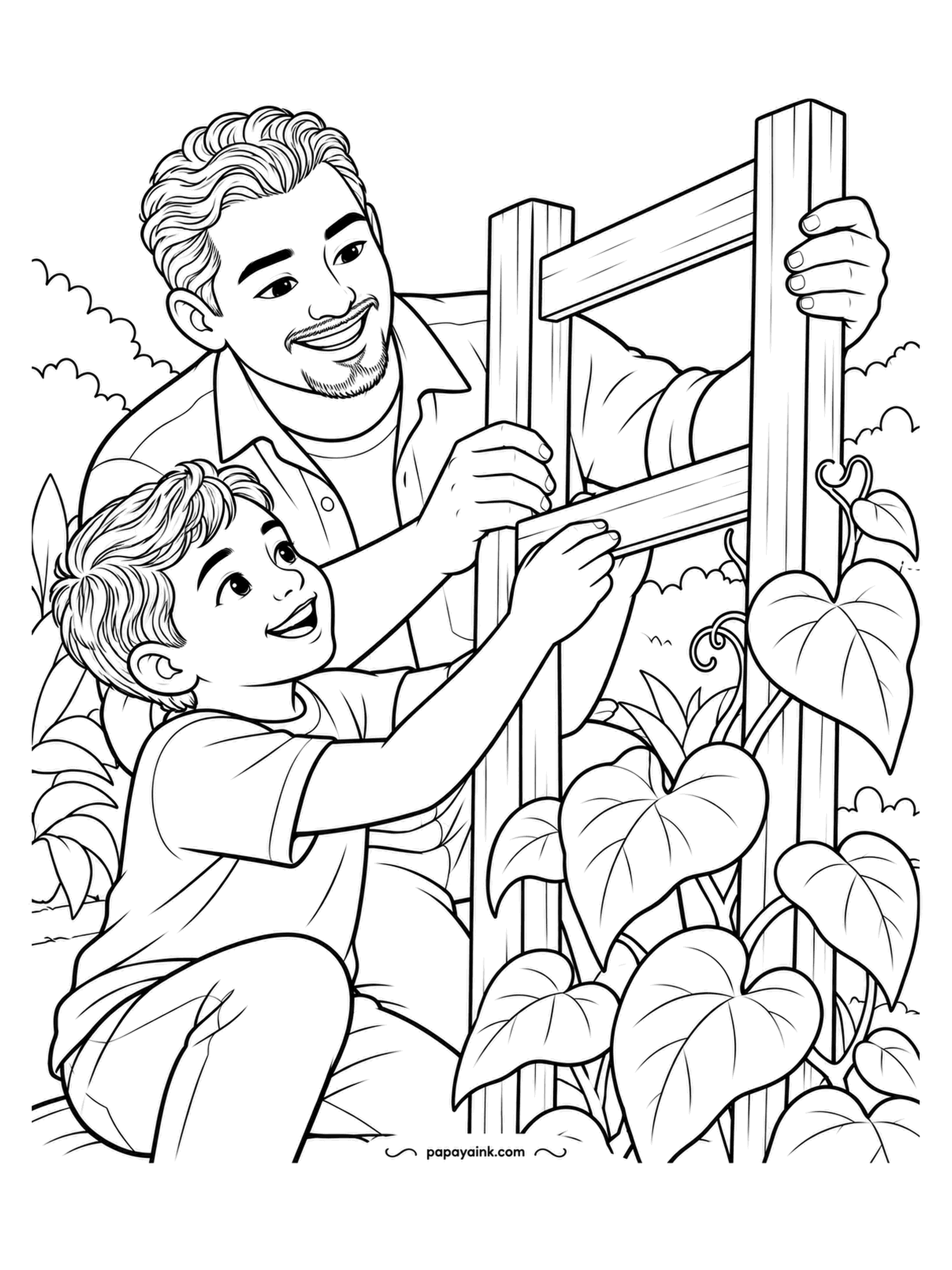 Garden Coloring Pages - Father and son fit the crossbars of a wooden trellis while a vine is already climbing the first post, heart-shaped leaves reaching upward. Raw lumber in a light tan, the vine a bright green, and the shirts as you please.