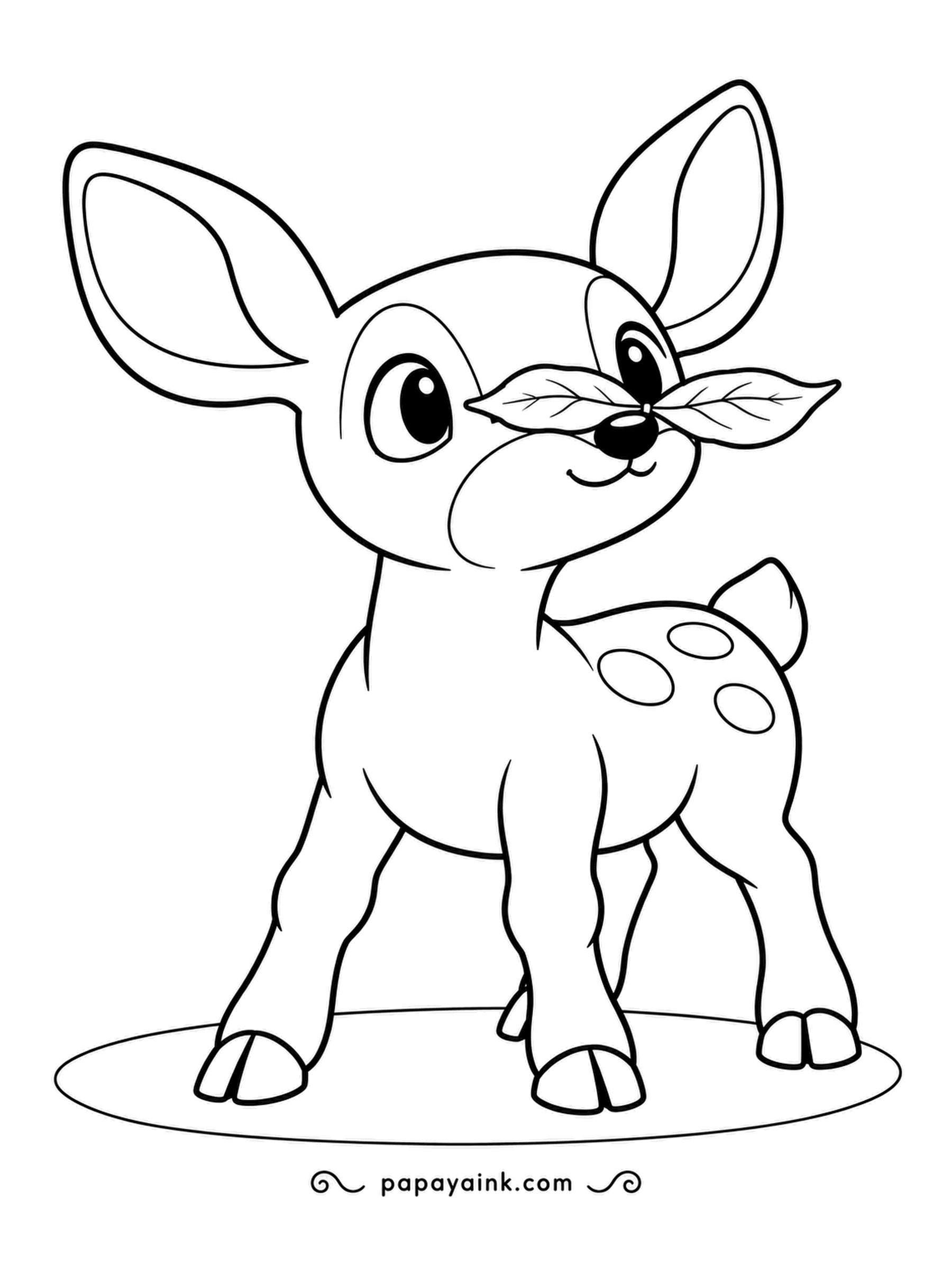 Deer Coloring Pages - A single leaf lands right on the fawn's snout, and nobody is moving until it falls off. Chunky contours and big dots - an easy, happy sheet.