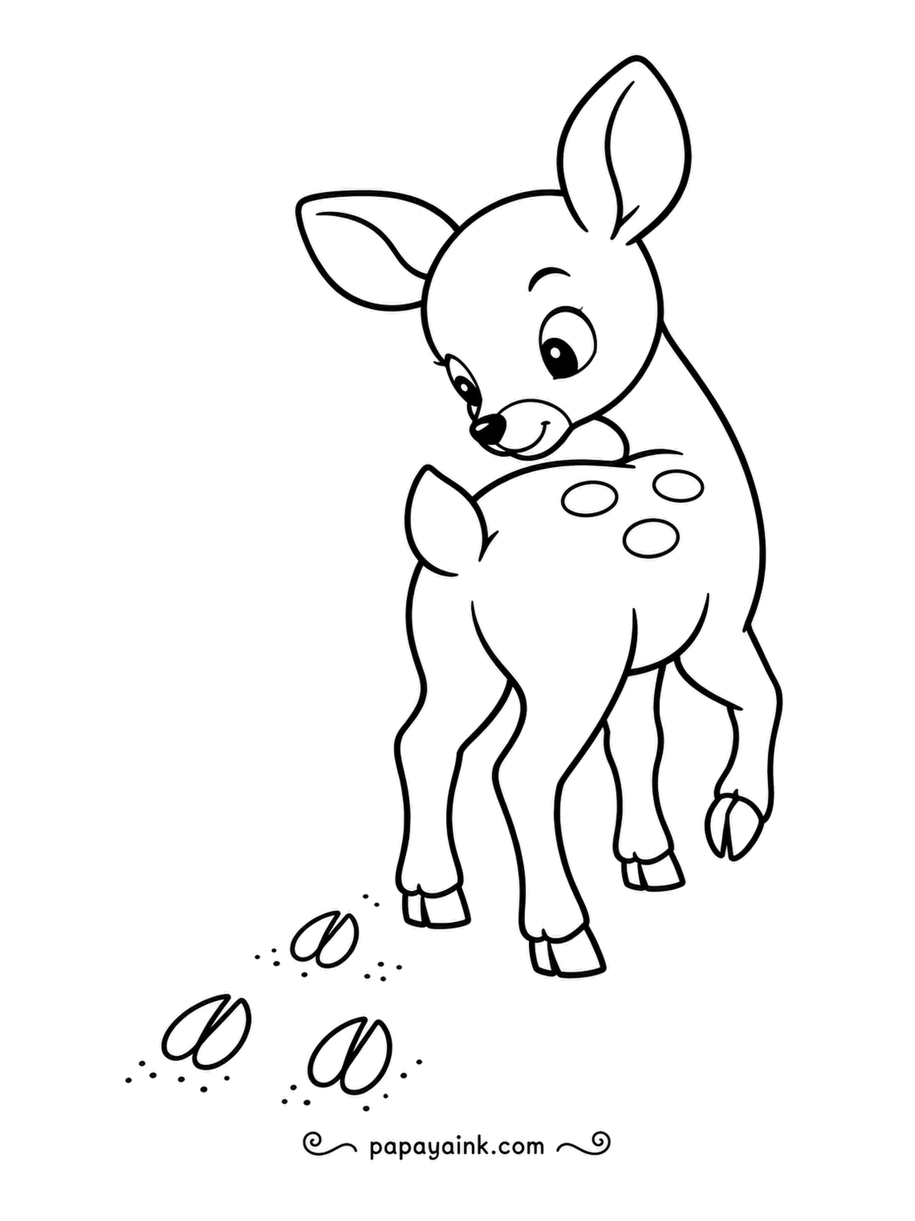 Deer Coloring Pages - Little heart-shaped hoofprints trail behind, and the fawn turns to admire its own work. Deer tracks really are split hearts, made by the two halves of each hoof. Very few lines.