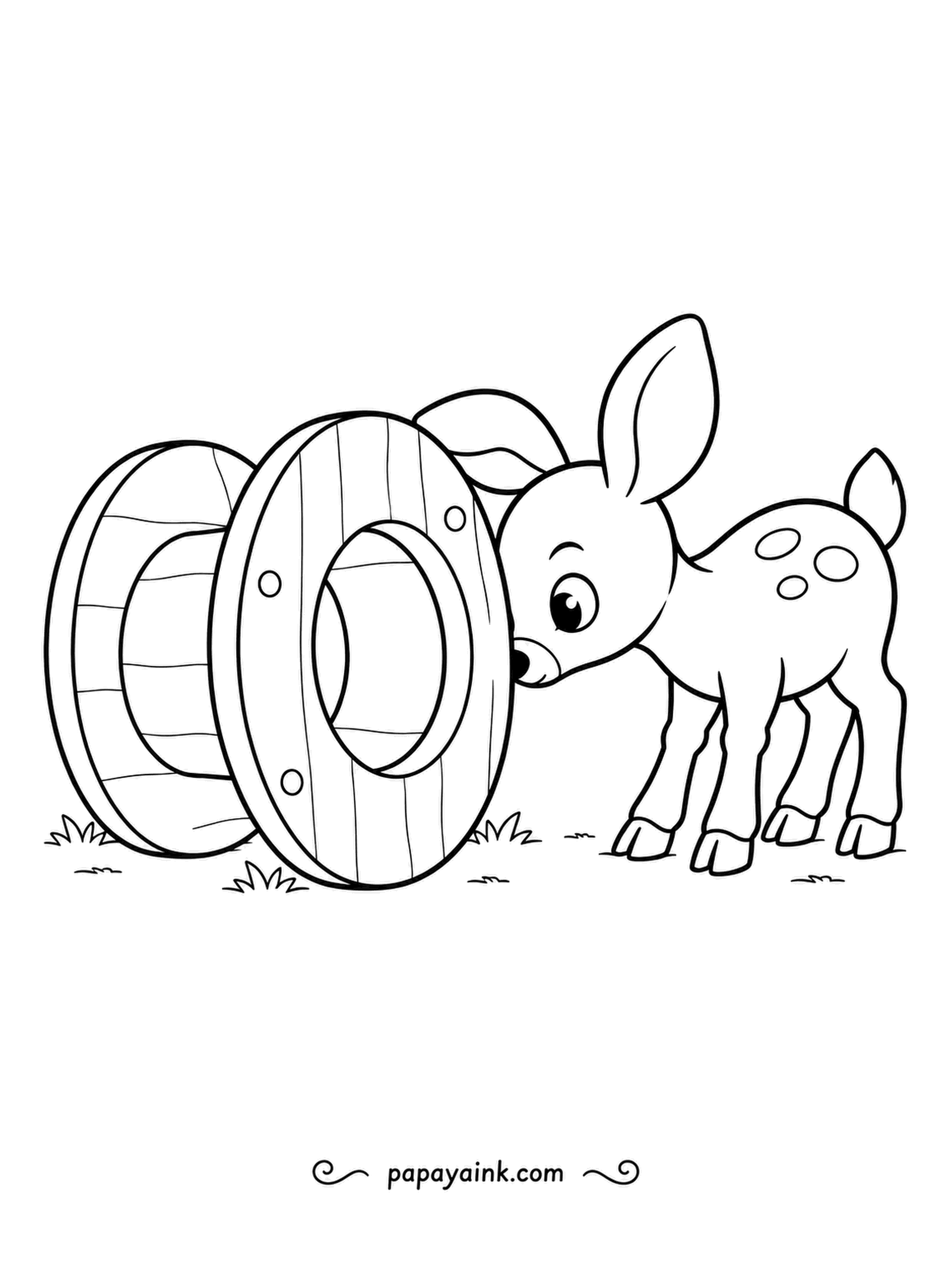 Deer Coloring Pages - An empty wooden spool lies on its side, and the fawn peeks through the hole to see what is on the other side. Big rounded forms - perfect for small hands.