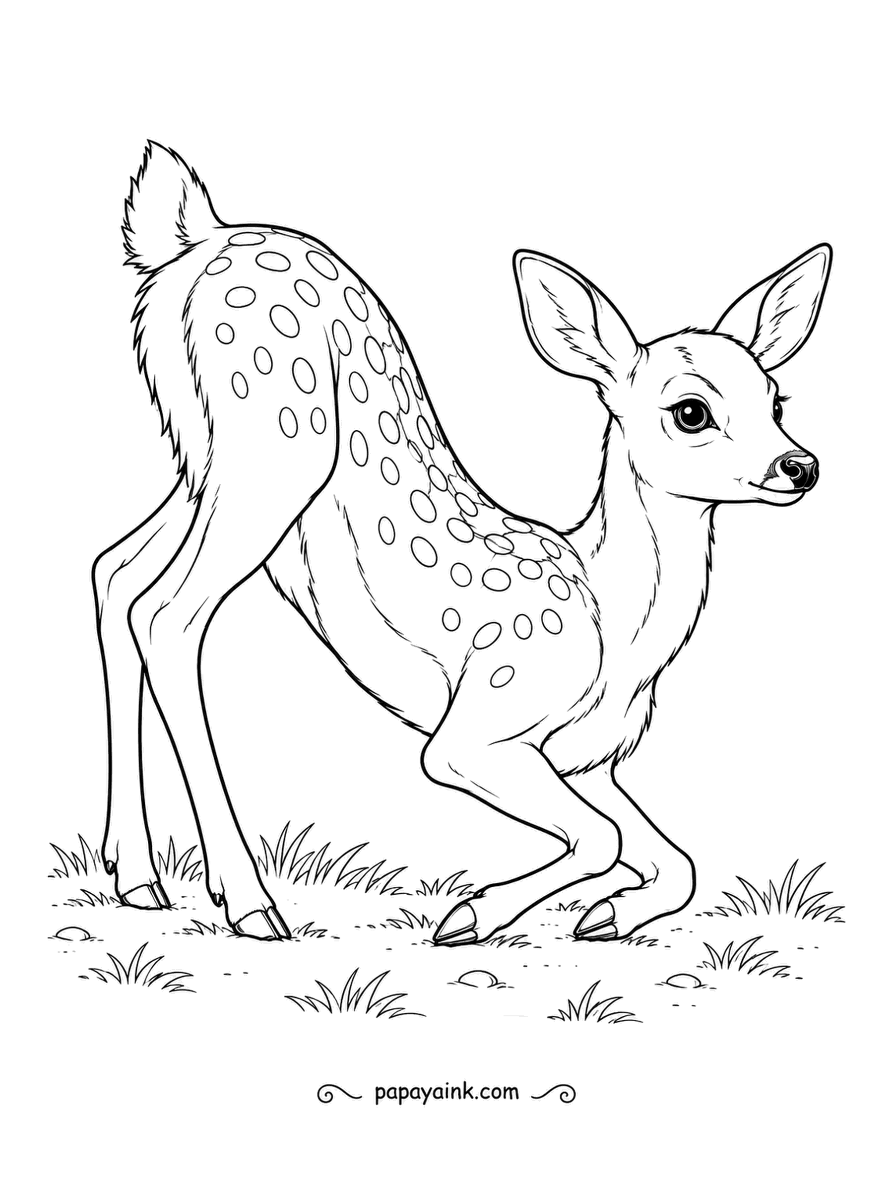 Deer Coloring Pages - Fawns rest folded in the grass and get up back end first, a wobbly business. This one is halfway up, spots and all. Realistic fur and a soft meadow.