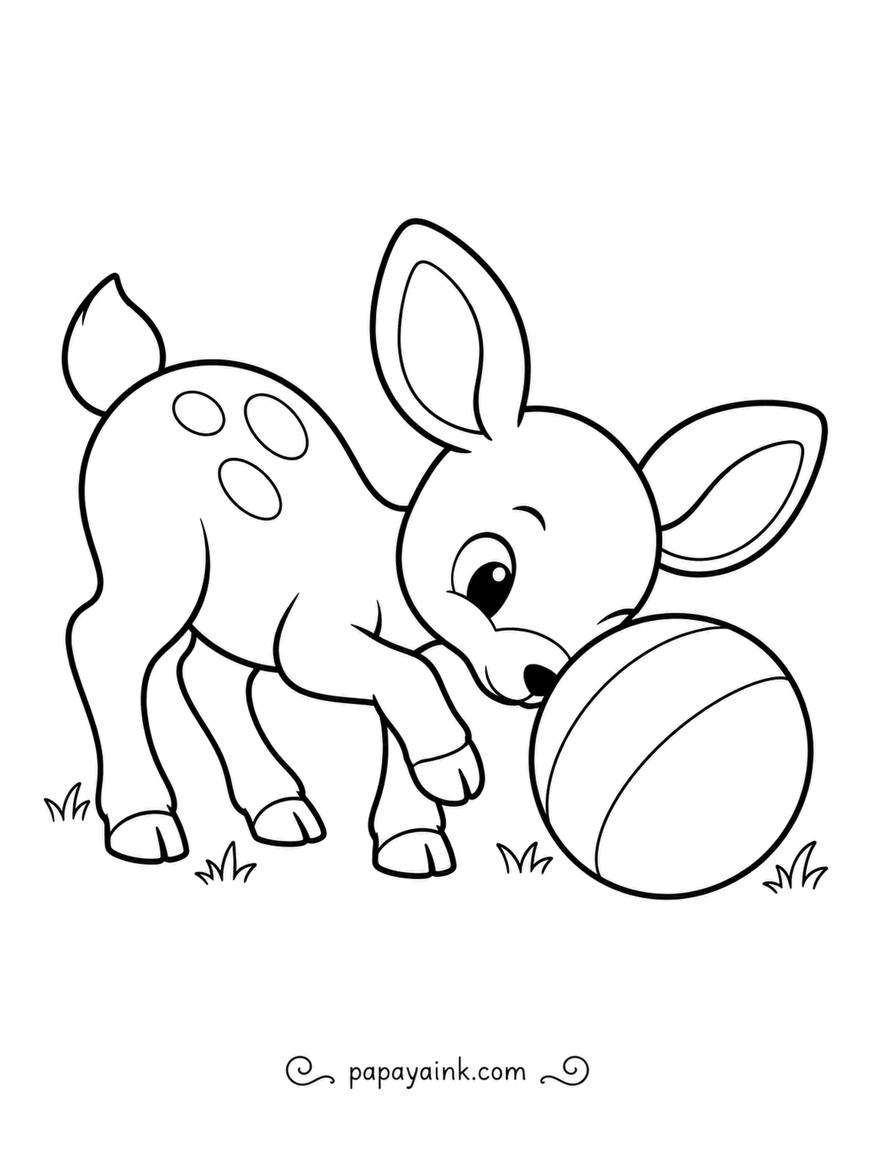 Deer Coloring Pages - A striped ball, a curious nose, and a fawn giving it a gentle push across the lawn. Big rounded forms - perfect for the youngest colorists, and the ball can be any color at all.