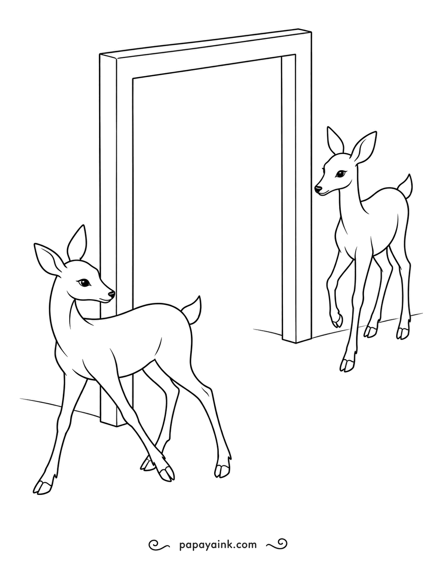 Deer Coloring Pages - A doorway, two fawns and some polite manners: one steps aside so the other can come through first. Light, clean lines and plenty of open space.