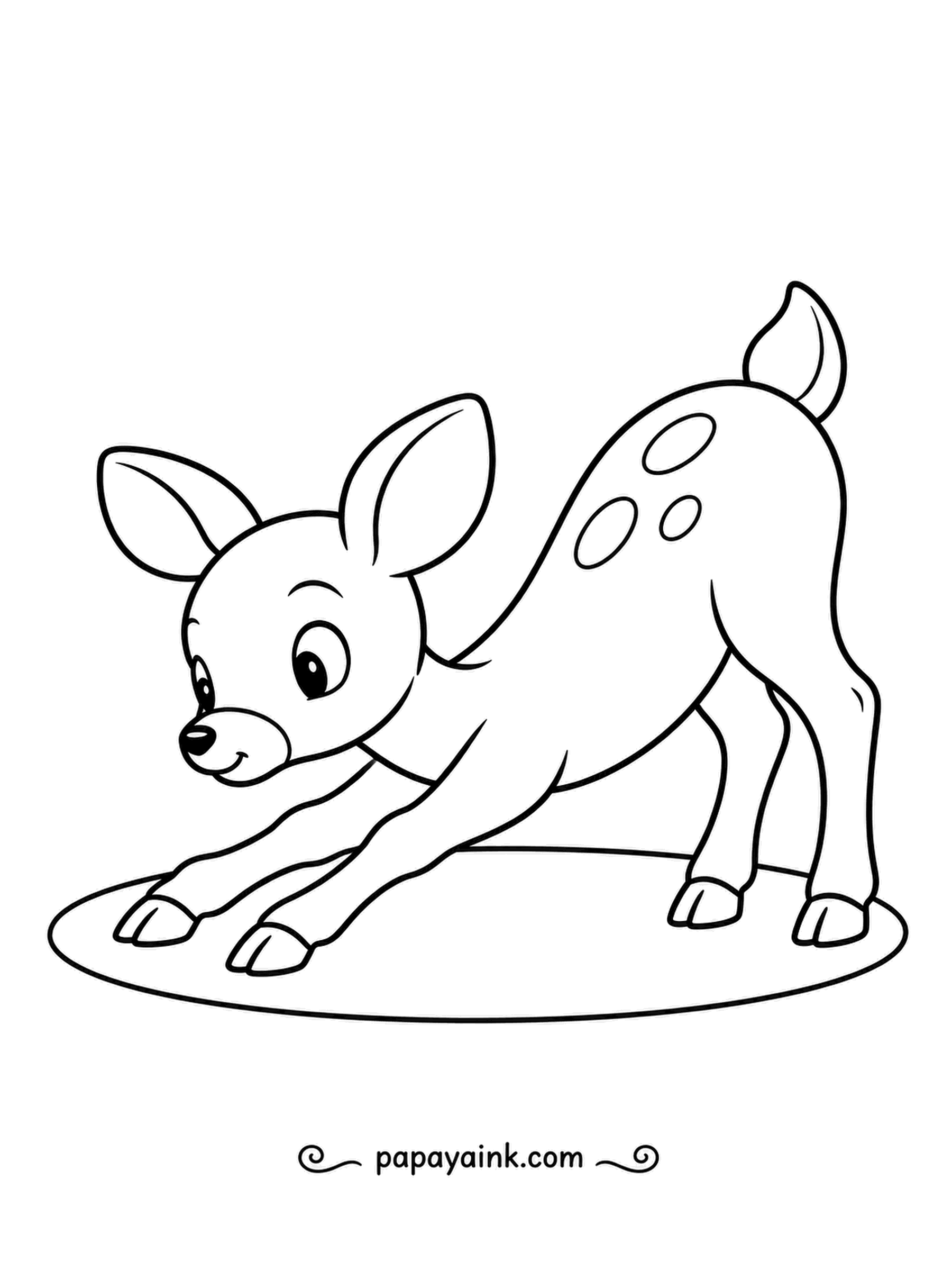 Deer Coloring Pages - Front legs stretched out, back end up: the classic morning stretch, fawn edition, performed with the seriousness of a yoga teacher. Chunky contours and big spots - an easy, happy sheet.