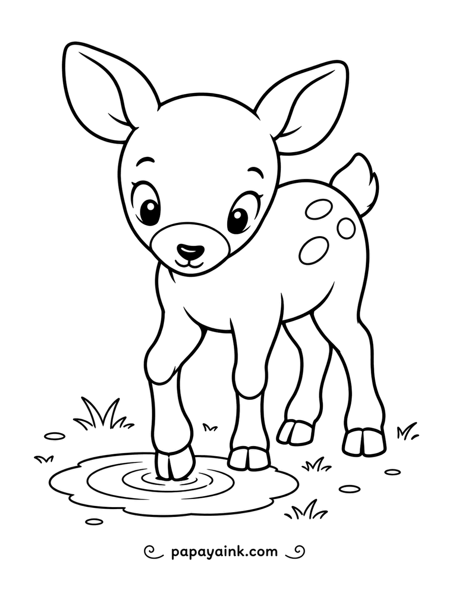 Deer Coloring Pages - Puddle inspection: a single hoof dipped in, ripples spreading, and the fawn still not convinced the water is worth stepping into. Chunky lines and an easy, friendly face.