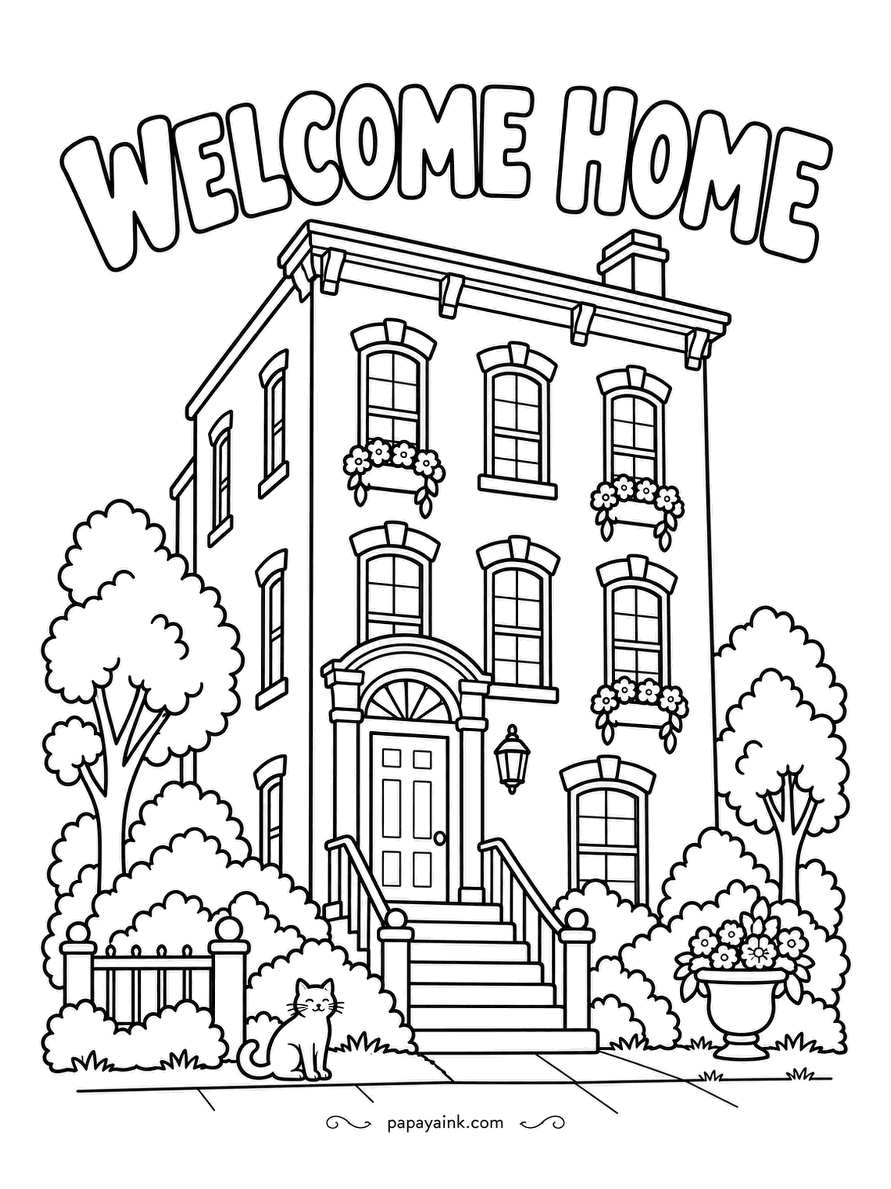 House Coloring Pages - WELCOME HOME over a three-story Federal townhouse: brick front, fanlight above the door, iron railings on the stoop and a cat waiting at the gate. Red or cream brick both work; keep the window trim white so the rows of windows read clean. Detailed.