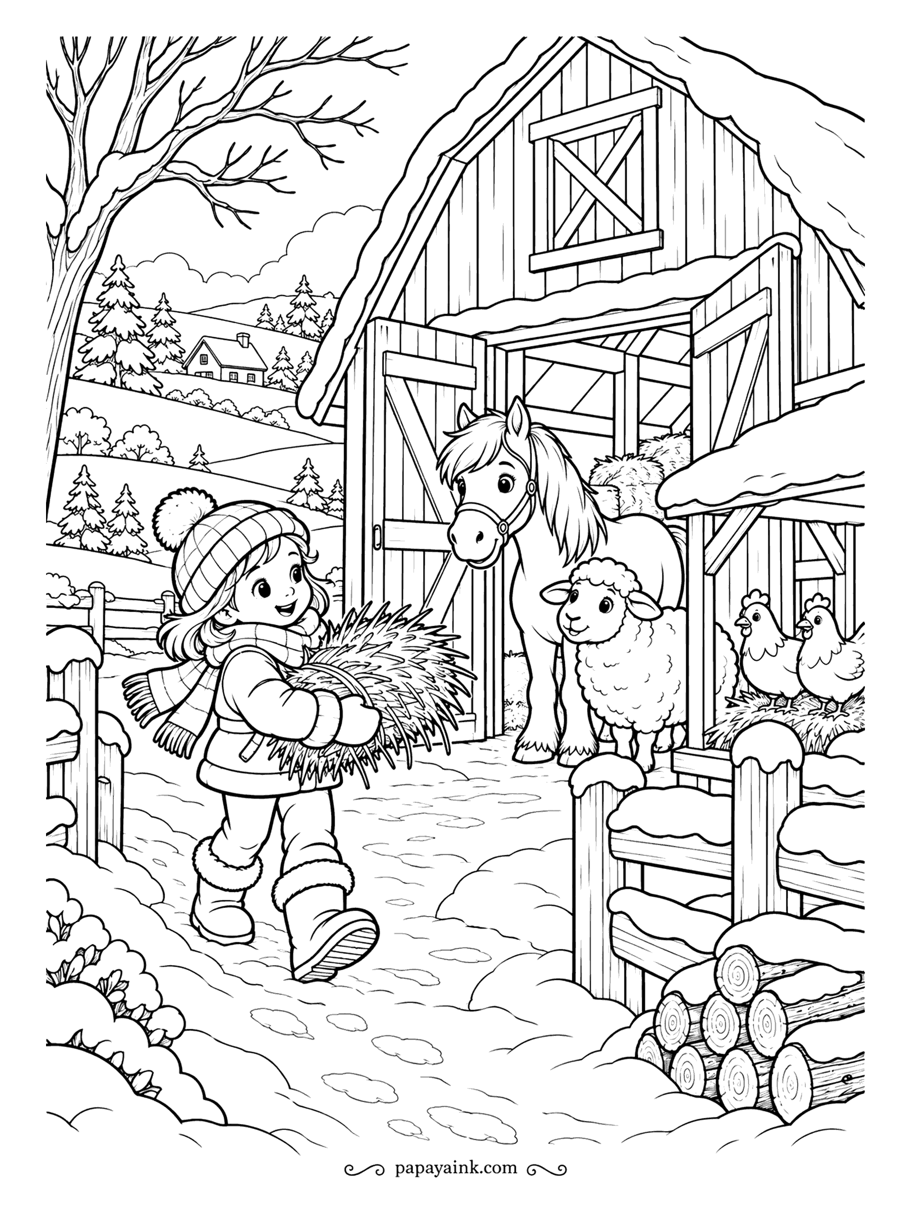 Free Printable Winter Coloring Pages - An armful of hay for the horse, a sheep and two hens at the barn door, firewood stacked by the gate and a farmhouse in the hills. Footprints mark her route. The barn boards are long and plain, good for a steady marker.