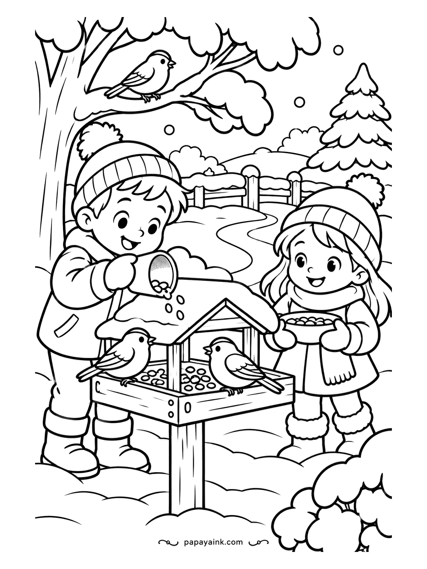 Free Printable Winter Coloring Pages - Seed poured from a scoop, a bowl of it held ready, and three birds who did not wait for the invitation. The feeder has a snowy roof, with a split-rail fence and a path beyond. Try one bright red bird among the brown ones.