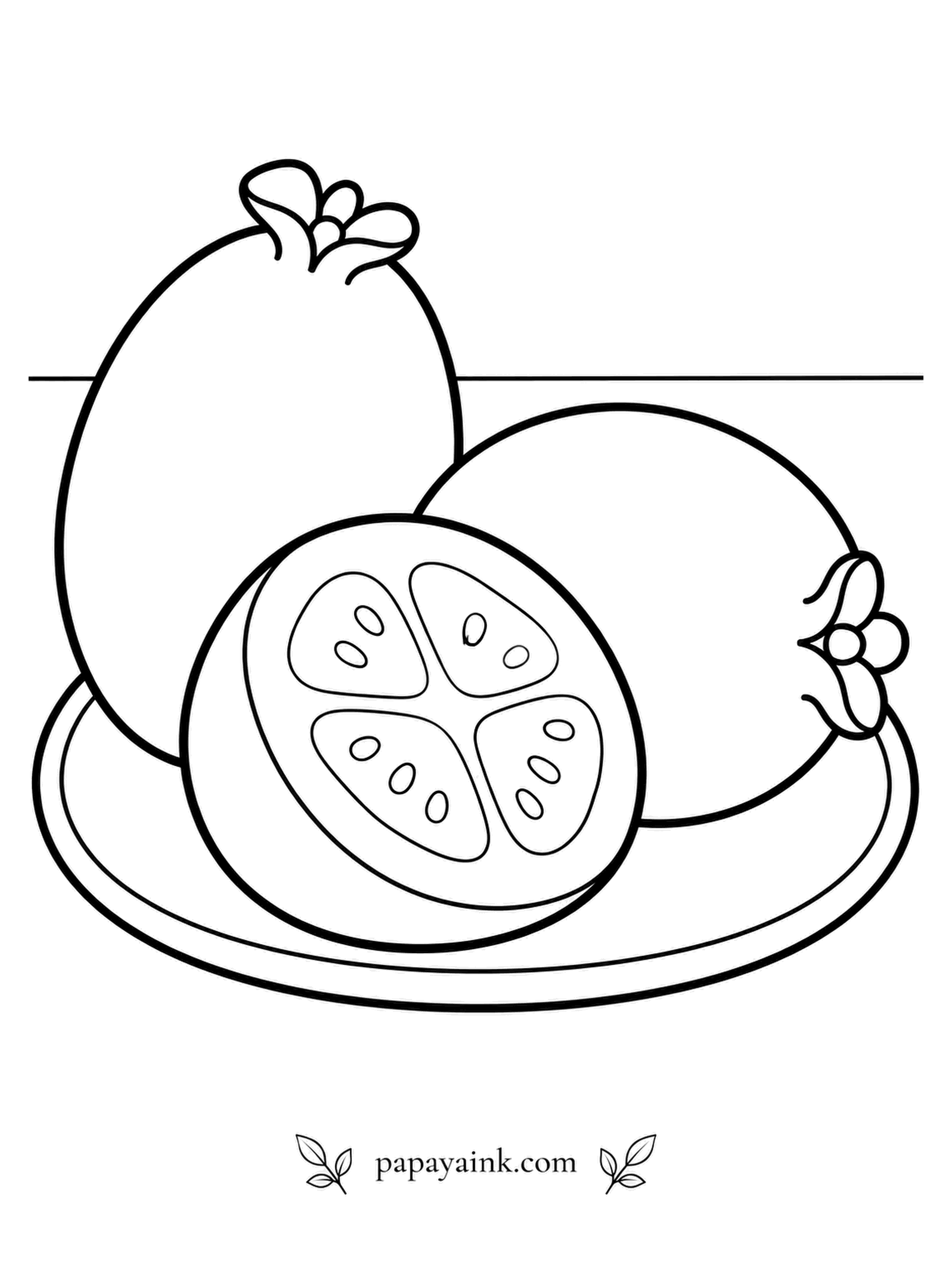 Fruit Coloring Pages - New Zealanders go a little wild for feijoas every autumn, halving them and scooping them out with a teaspoon. The fruit is native to South America, though, and smells of pineapple and mint. Note the dried flower crown at each tip. Pale green skin, cream and jelly in the middle.