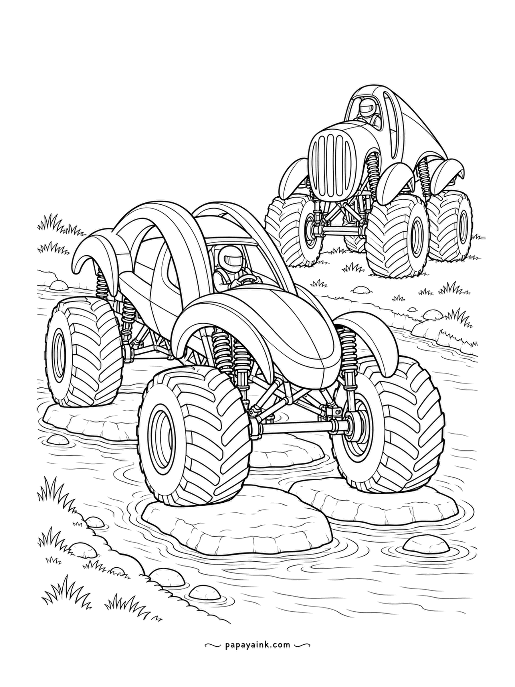 Monster Truck Coloring Pages - Stepping stones across a stream, the arc-hooped longbody mid-water while a grille-faced truck waits its turn on the bank. Grass tufts along both sides. Ripples in two blues.