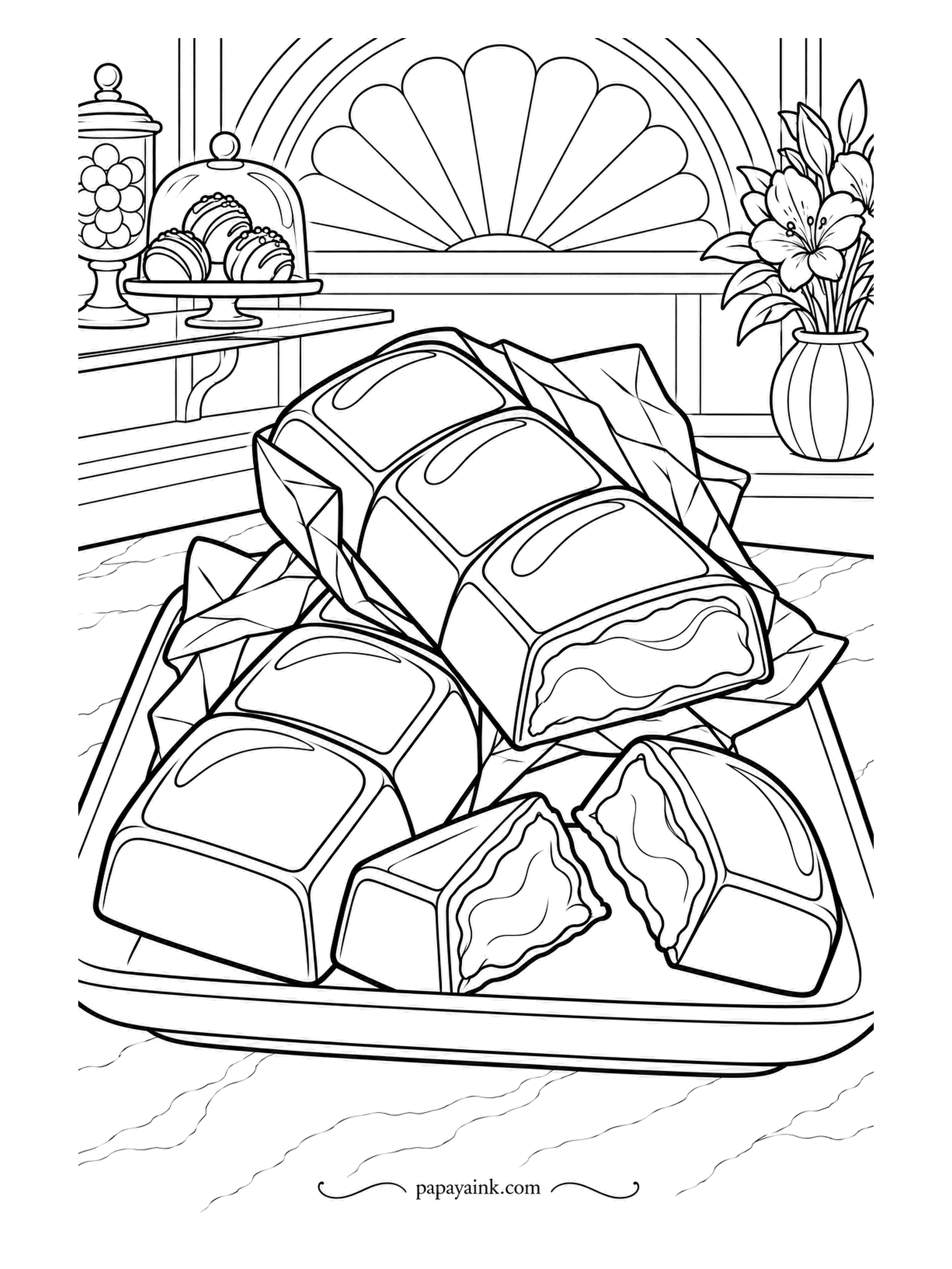 Candy Coloring Pages - Filled chocolate bar segments on a boutique platter, wrappers pulled open, two pieces cut to show the cream inside. Apothecary jars and a cloche line the ledge under the fan window. Dark shell, pale filling, the torn ends in any metallic you like.