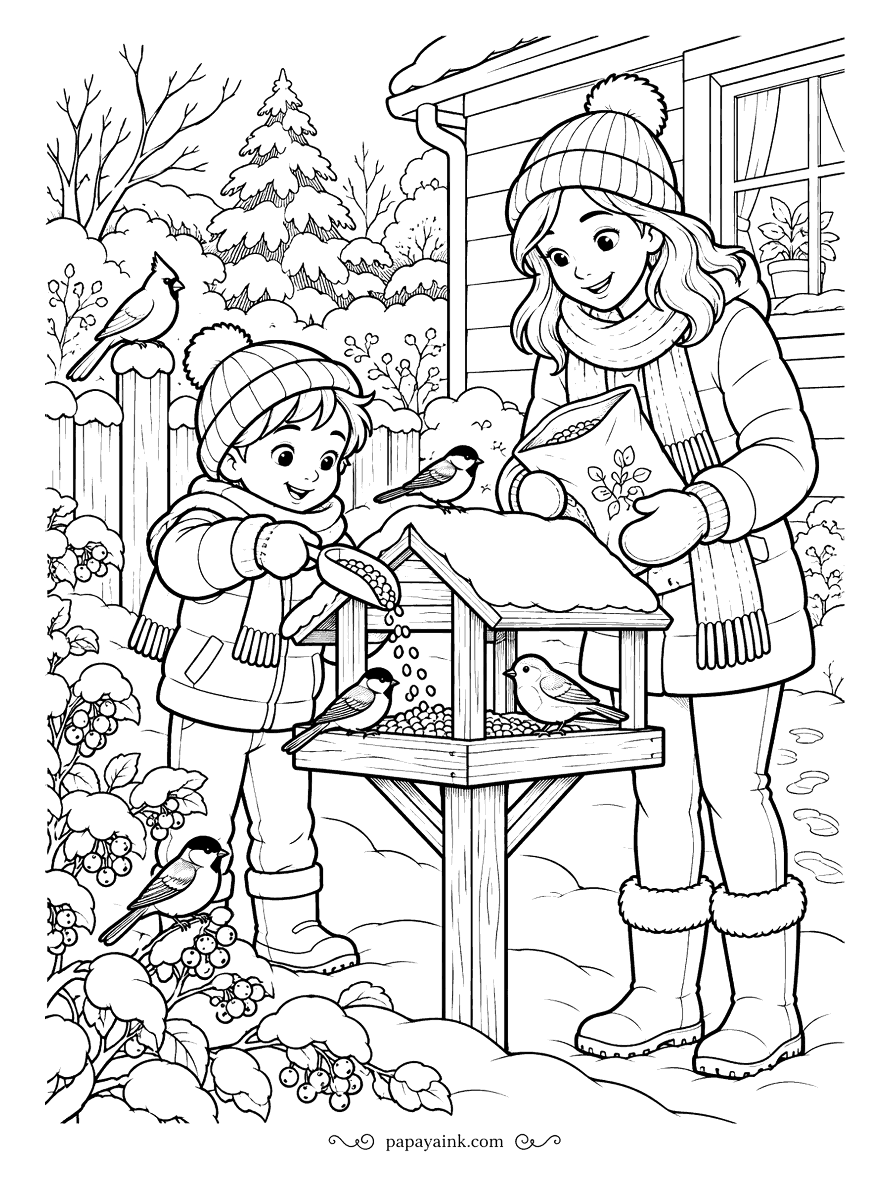 Free Printable Winter Coloring Pages - A bag of seed, a handful in a mitten, and a cardinal and a row of chickadees already lined up to collect. The feeder stands outside a clapboard house above a holly bush. Red for the cardinal and the berries, little else.