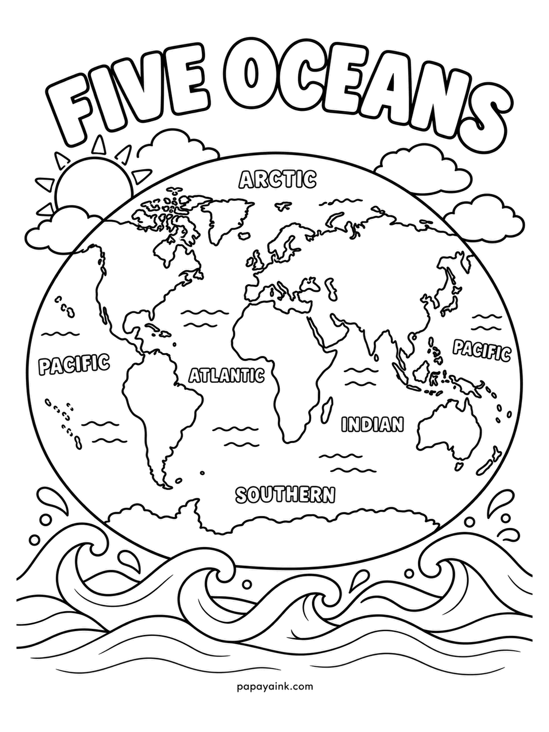 Earth Coloring Pages - Pacific, Atlantic, Indian, Southern, Arctic - all five oceans are labeled on this flattened map, and the Pacific appears twice because it wraps around the edge. Surf breaks along the bottom. Shade each ocean a slightly separate blue so the borders stay readable.