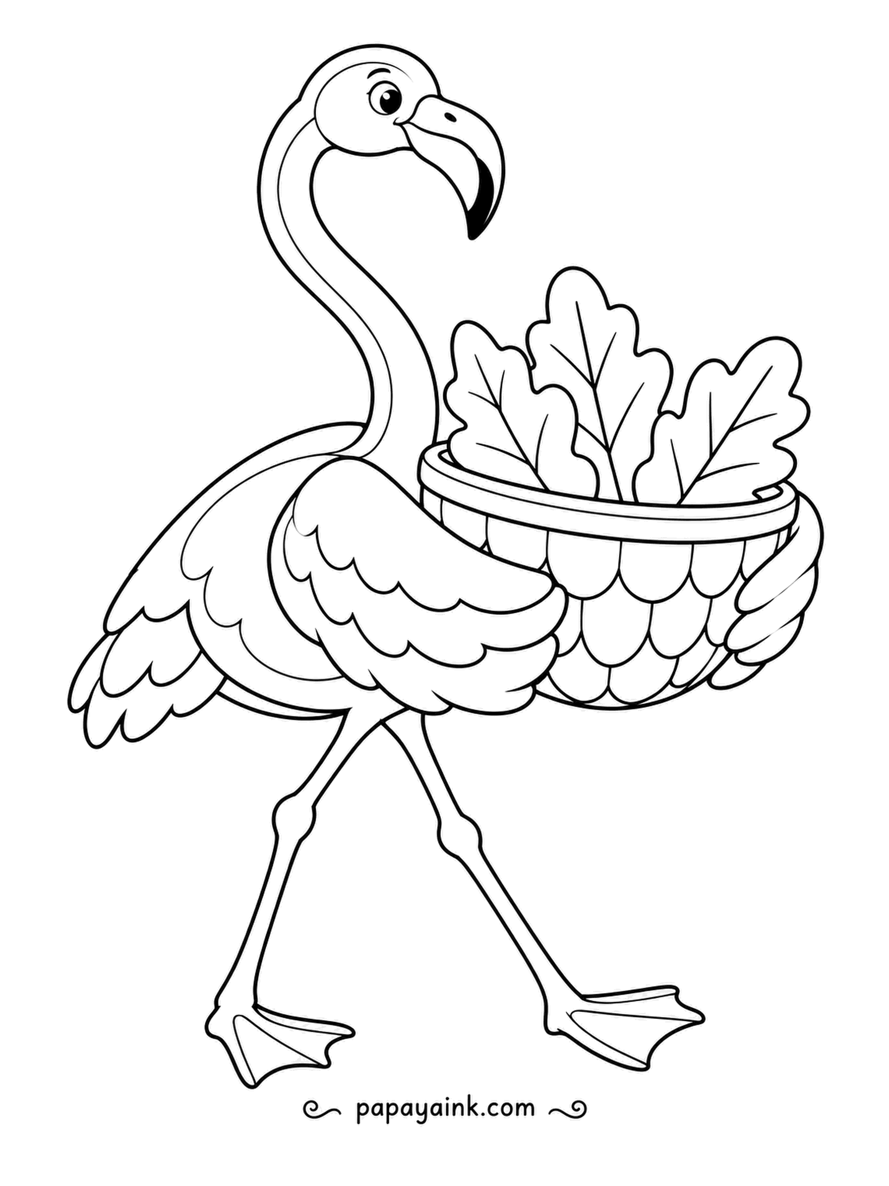 Flamingo Coloring Pages - Autumn shopping, flamingo style: a bowl shaped like a giant acorn cap, piled high with oak leaves and hugged in both wings. Bold, rounded outlines - rose for the bird, toasty browns for the bowl.