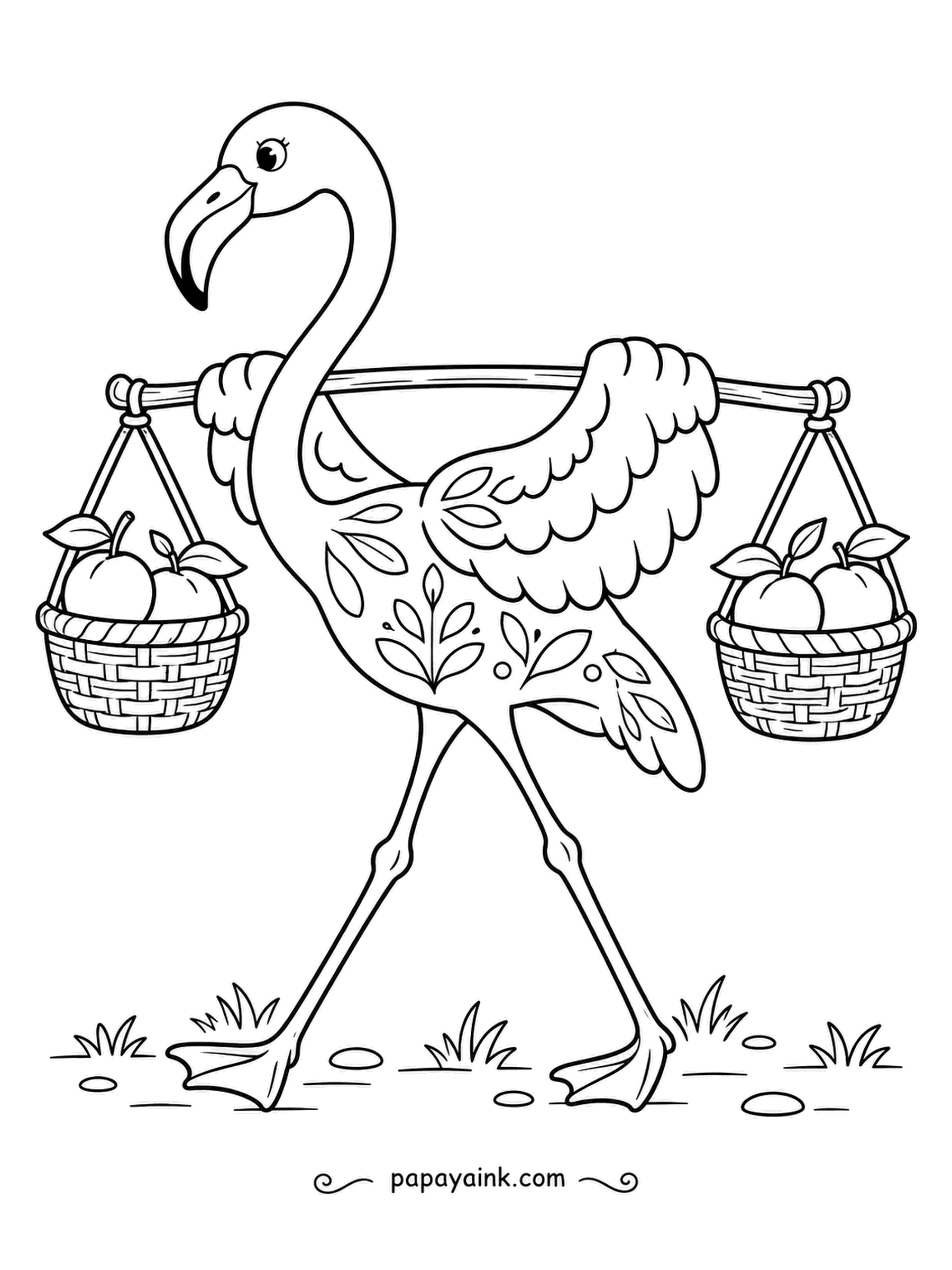 Flamingo Coloring Pages - A carrying pole across the shoulders and a basket of apples at each end: harvest home, folk-art edition. Leaf patterns are painted right onto the body. Coral with red and green apples makes a cheerful trio.
