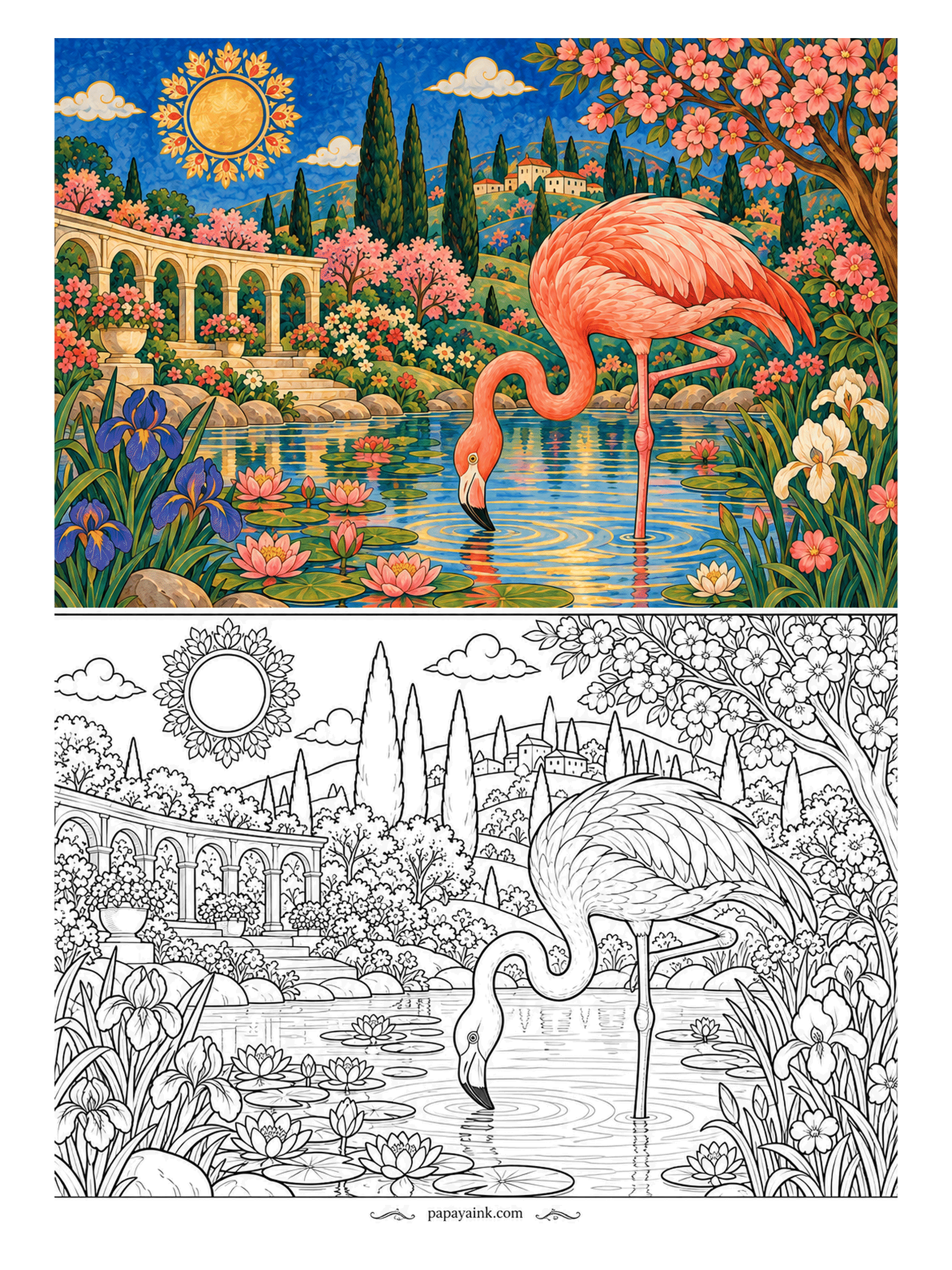 Flamingo Coloring Pages - The flamingo has found the one thing this estate was missing - a shallow lily pool to wade in - and dips her beak in front of the old colonnade. Her coral is the only warm color in the pool; let everything else stay cool.