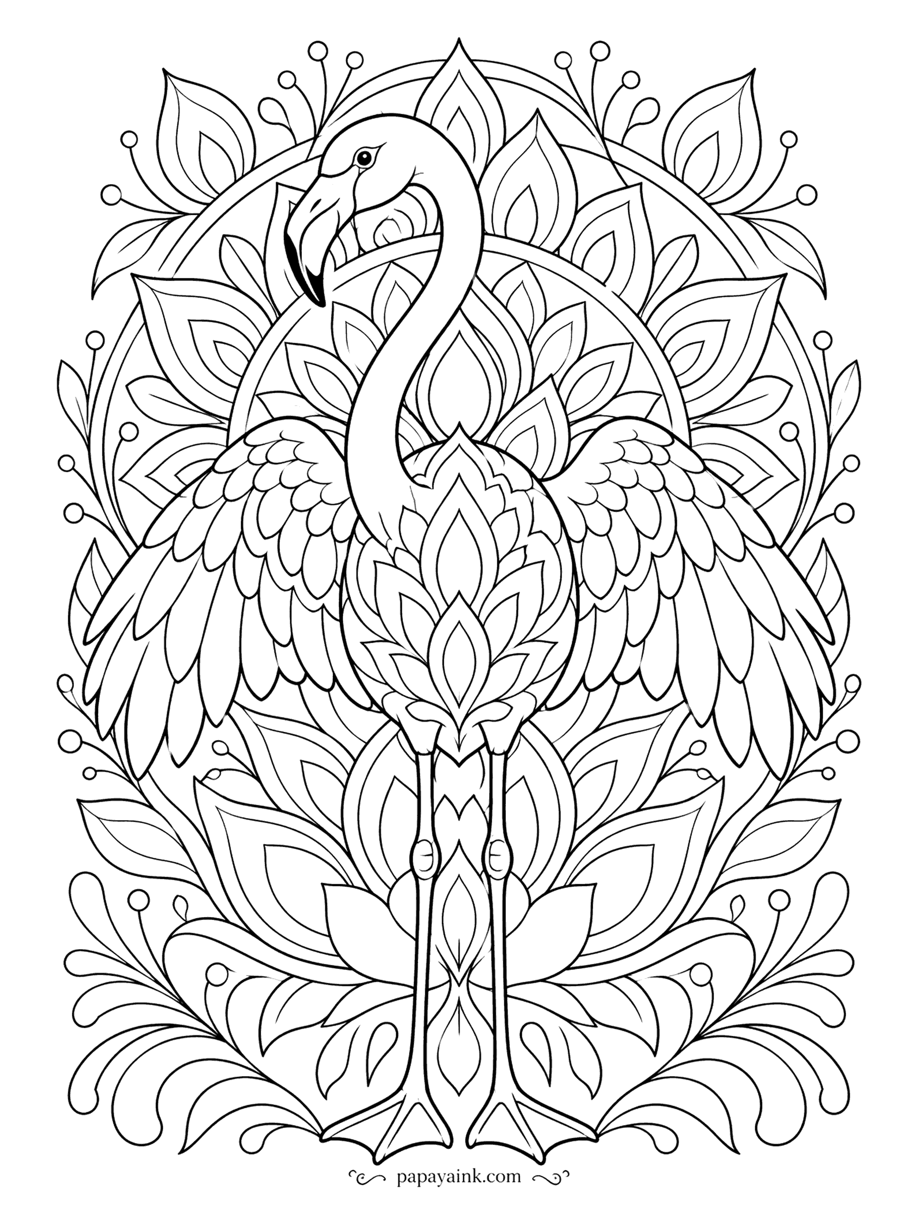 Flamingo Coloring Pages - A flamingo stands at the center of its own mandala, wings spread into layered petals, with a lotus opening under its feet. Color it from the middle outward, one ring at a time, so the symmetry stays even on both sides. Detailed.