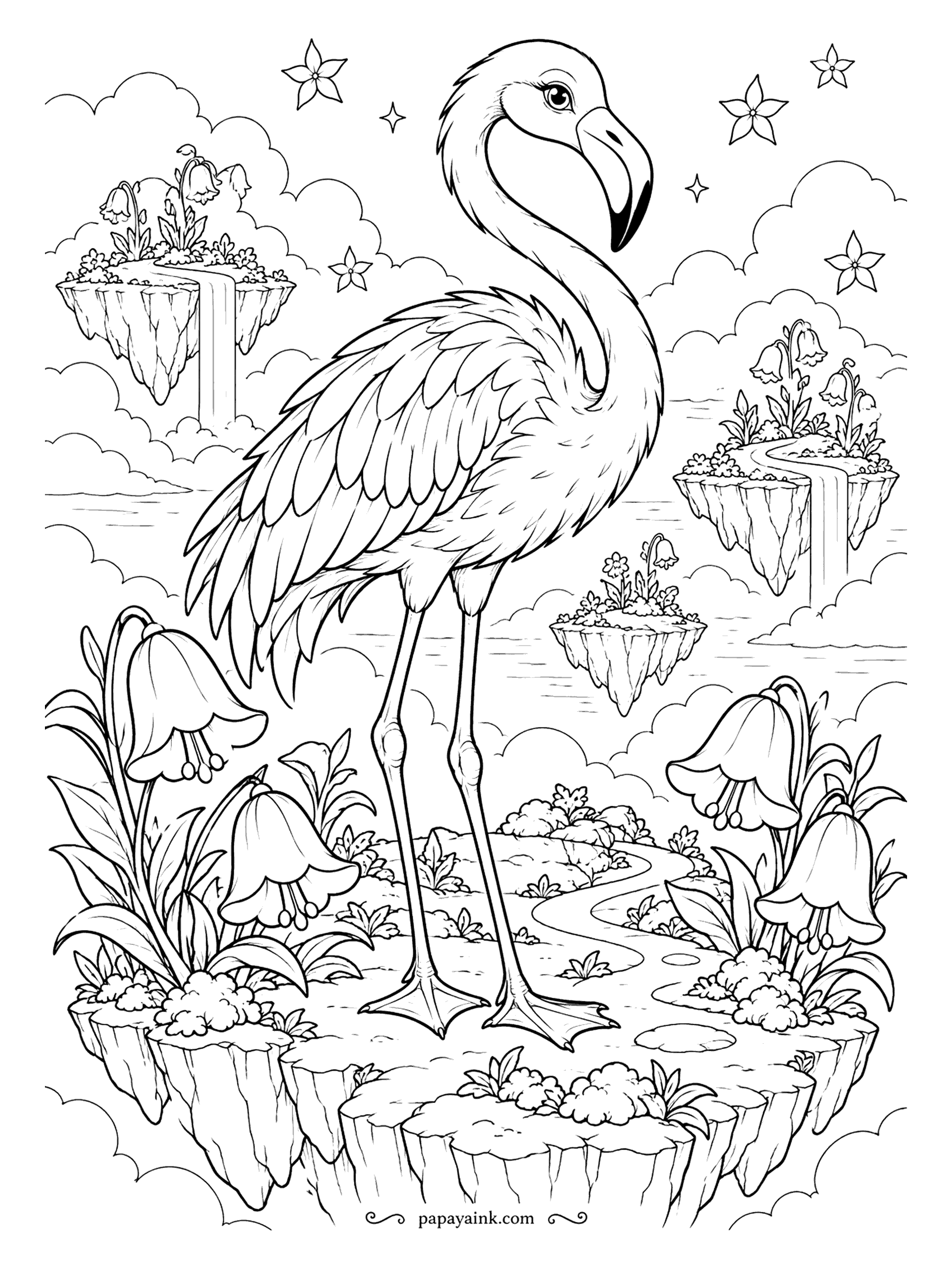 Flamingo Coloring Pages - Islands drift in the sky with waterfalls pouring off their edges, bluebells grow taller than the bird, and stars are out in daylight. Pastel sky, deep pink bird, and leave the waterfalls white. Detailed.