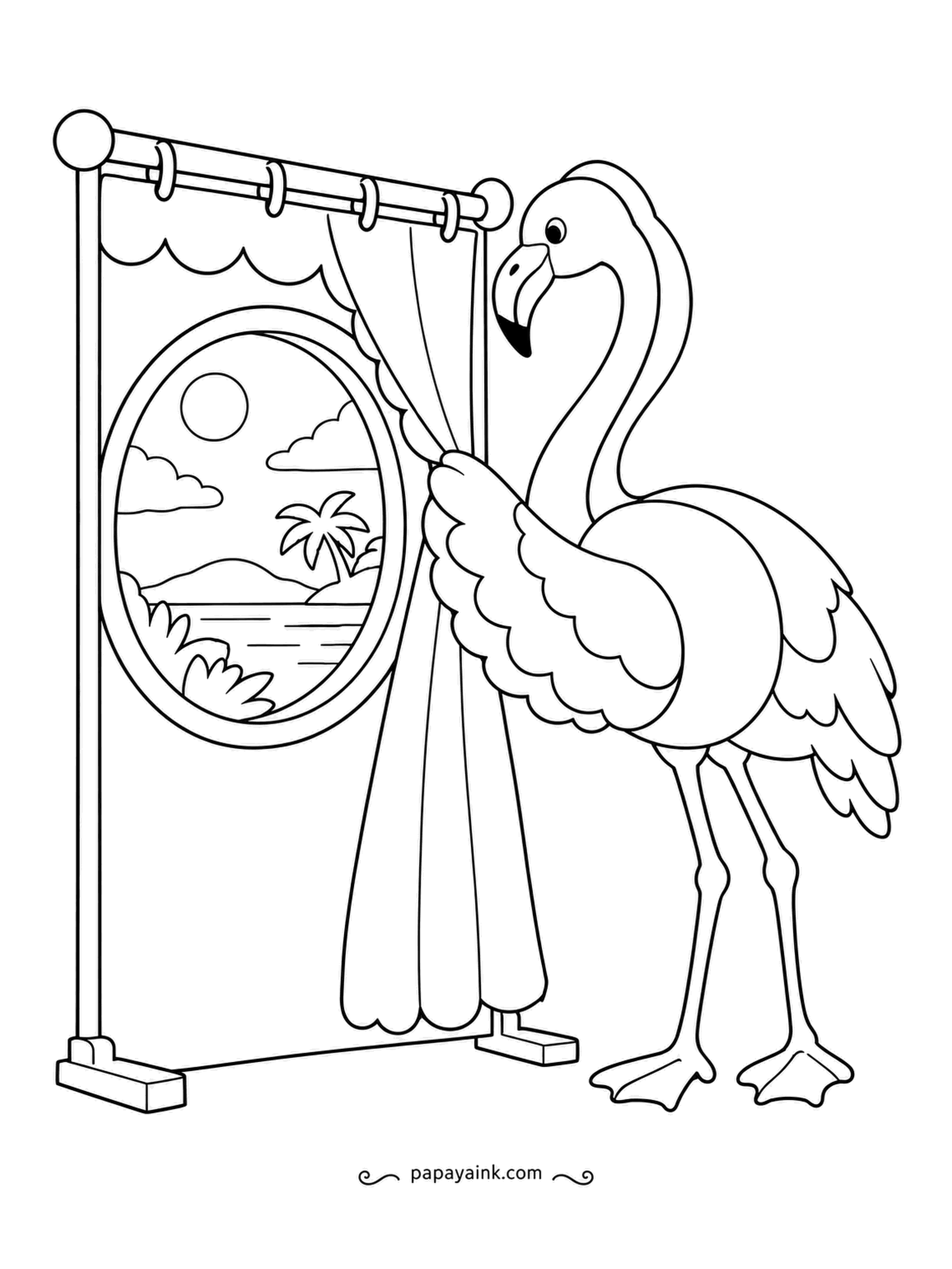 Flamingo Coloring Pages - Behind the scalloped curtain: a framed view of palm trees, sea and sun, unveiled with a theatrical sweep of one wing. Simple outlines; save the brightest colors for the picture.