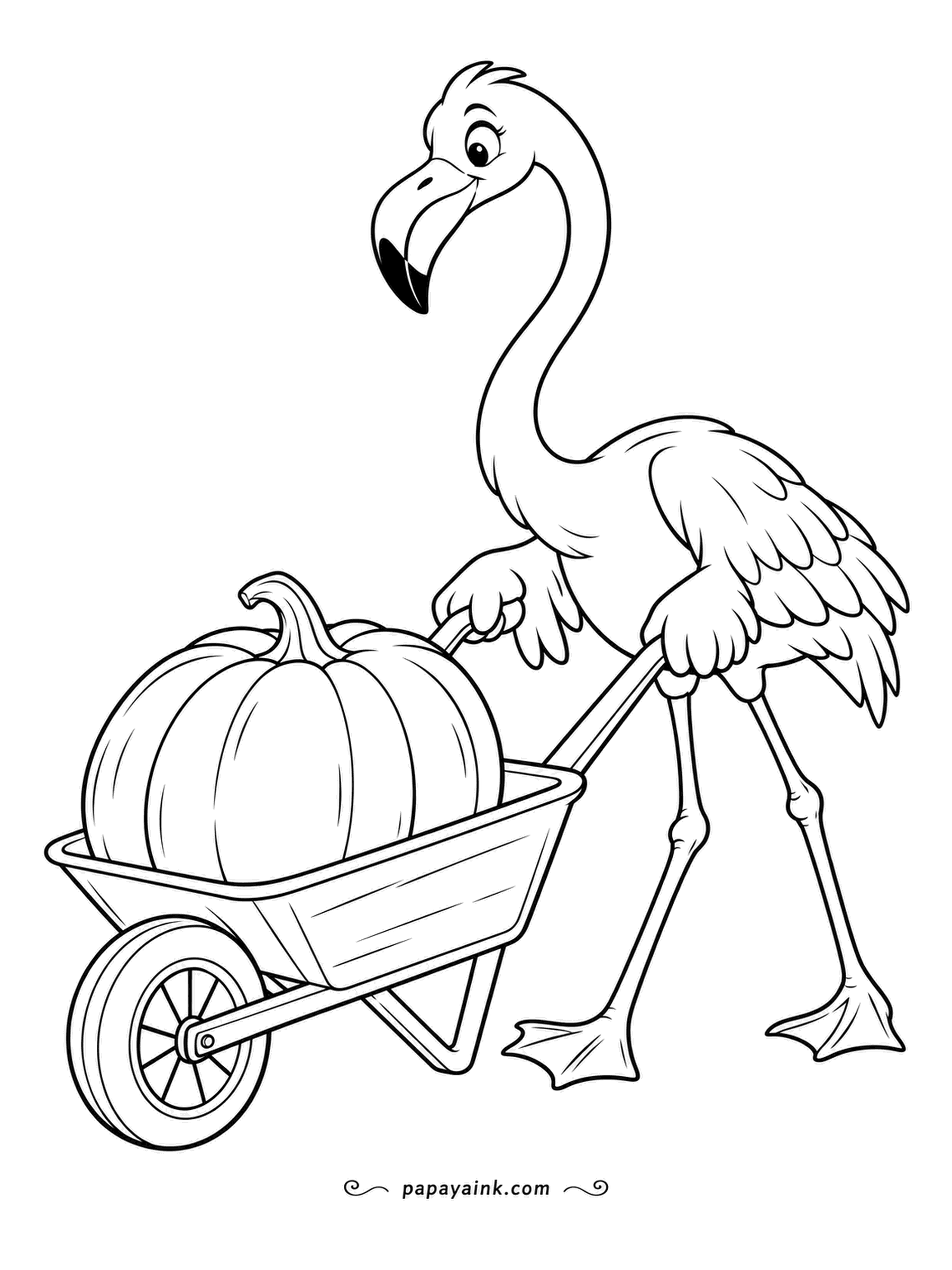 Flamingo Coloring Pages - Pumpkin season: a giant orange gourd fills the wheelbarrow and its owner pushes with determination. A gentle sheet - orange, coral and a green stem do the work. The pumpkin clearly outweighs the gardener.