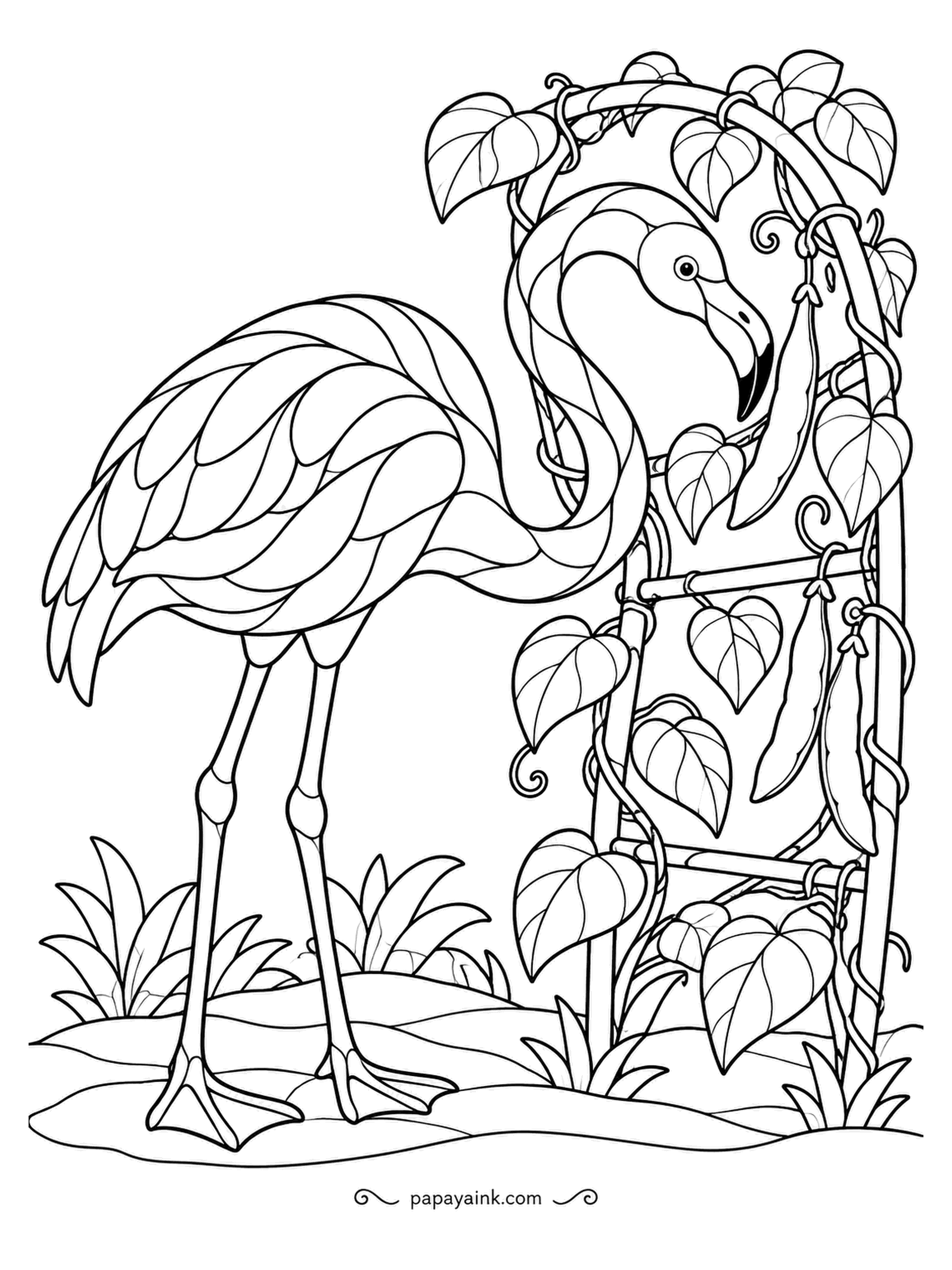 Flamingo Coloring Pages - Bean vines climb the trellis in heart-shaped leaves, and the flamingo reaches in to find the pods that are ready. A stained-glass treatment breaks the body into bold sections. Leafy greens and coral.