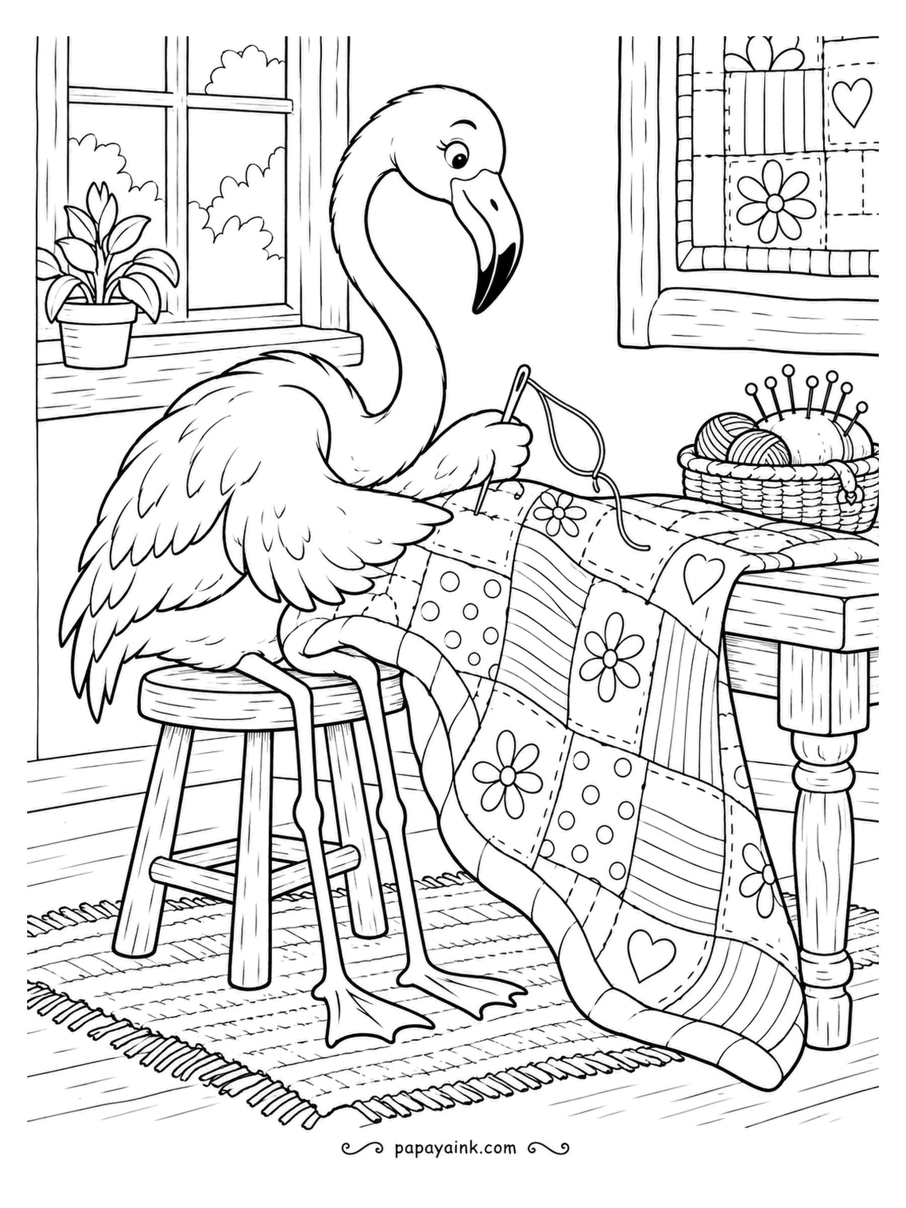 Flamingo Coloring Pages - Patchwork repairs need patience and a steady wing. Perched on a stool by the window, the flamingo stitches a quilt of flowers, hearts and stripes, yarn close by. Detailed - every patch is its own little design.